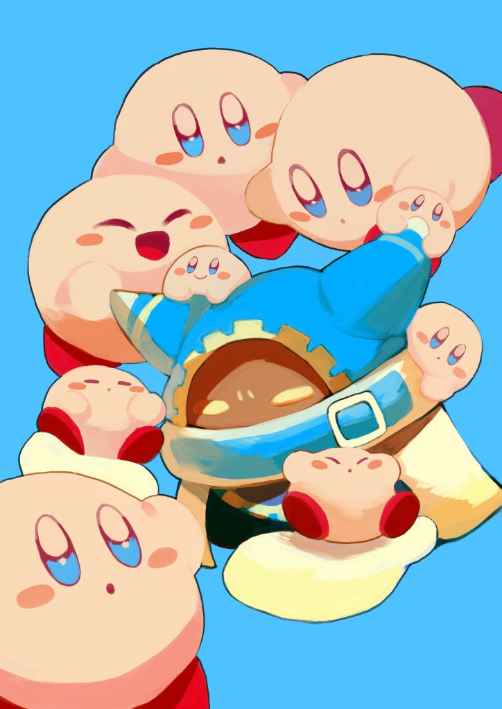 purano7, kirby, magolor, kirby (series), nintendo, :d, :o, animal hood, belt, blue background, blue belt, blue eyes, blue hood, clone, closed eyes, closed mouth, hood, looking at another, open mouth, red shoes, shoes, simple background, smile