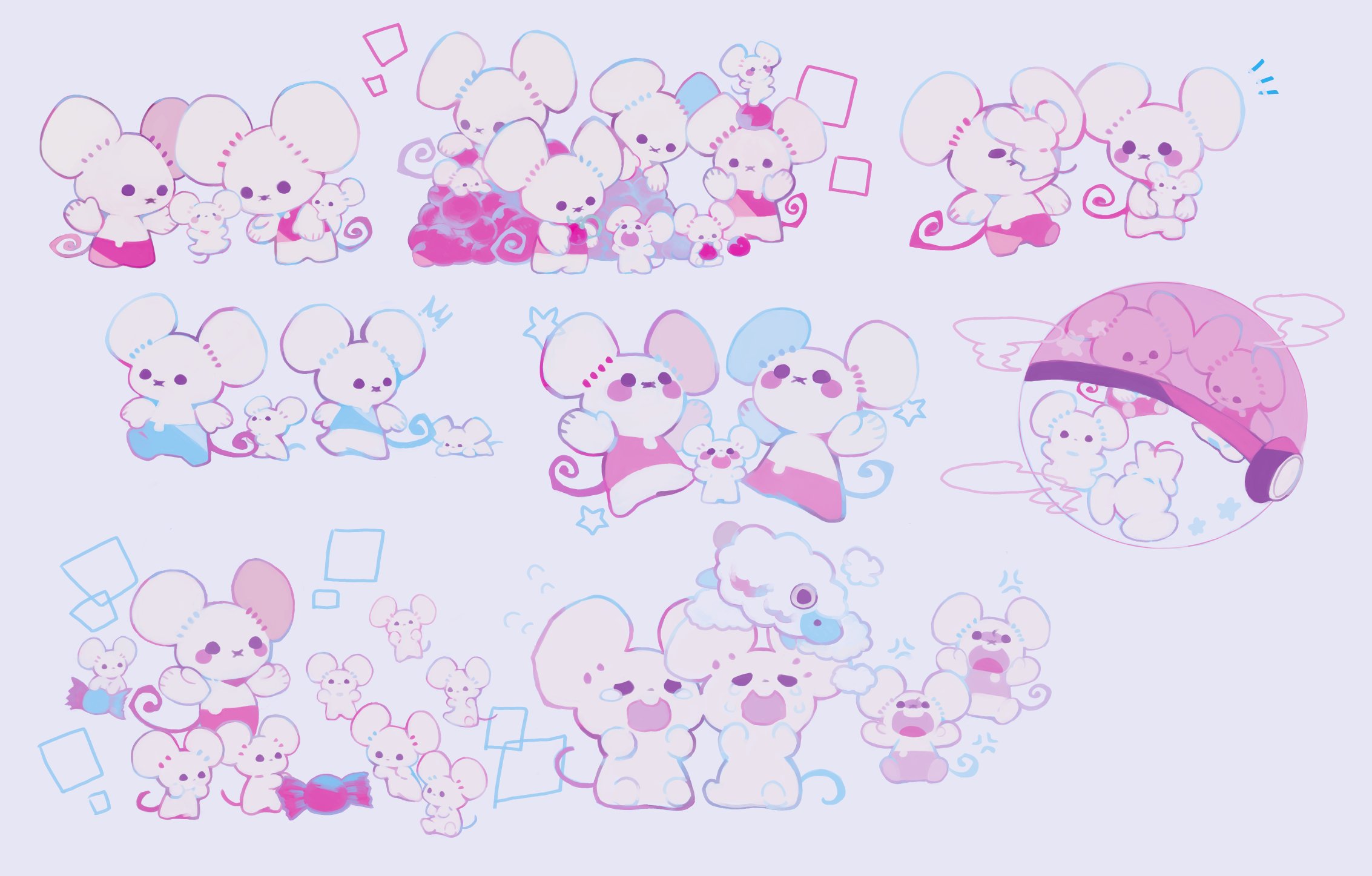 purano7, maushold, nintendo, pokemon, highres, animal focus, black eyes, candy, food, holding, mouse (animal), no humans, open mouth, poke ball, pokemon (creature), pokemon focus, simple background, tail, white fur, x mouth