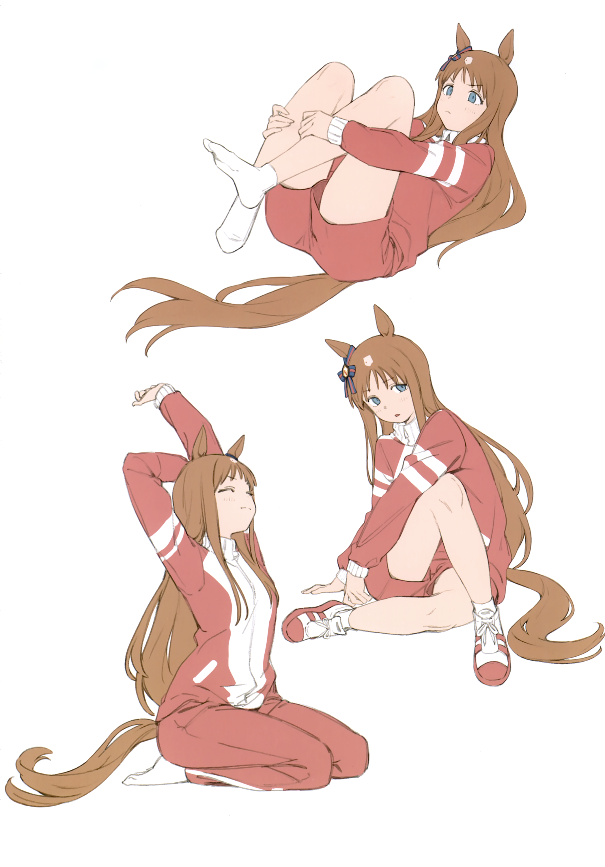 nyum, grass wonder (umamusume), umamusume, absurdres, highres, third-party source, 1girl, animal ears, arms up, blue eyes, bow, brown hair, closed mouth, ear bow, horse, horse ears, horse girl, jacket, long hair, long sleeves, multicolored hair, multiple views, pants, red jacket, red pants, red shoes, red shorts, shoes, shorts, socks, stretching, tracen training uniform, track jacket, track pants, two-tone hair, white background, white hair, white socks