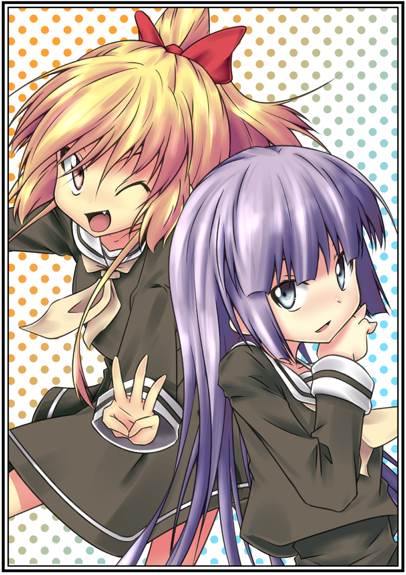 hazumi otoya, original, blonde hair, long hair, purple hair, red eyes, school uniform, wink