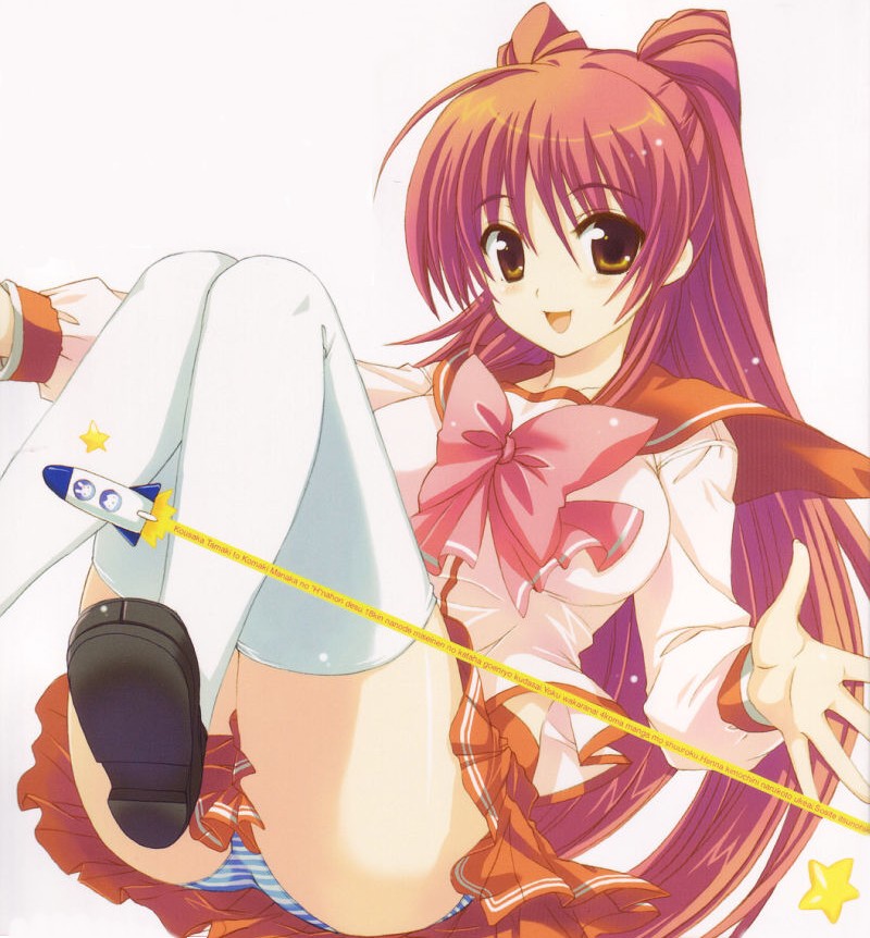 qp:flapper, kousaka tamaki, to heart (series), to heart 2, 00s, brown eyes, long hair, panties, pantyshot, red hair, romaji text, school uniform, shoes, simple background, solo, striped clothes, striped panties, thighhighs, underwear, very long hair, white background, white thighhighs