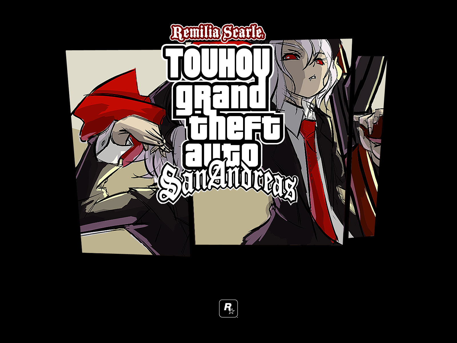 masayoshi toro, remilia scarlet, grand theft auto, grand theft auto: san andreas, rockstar, touhou, highres, 1girl, character name, copyright name, female focus, gun, hair between eyes, logo, parody, red eyes, red ribbon, ribbon, rockstar logo, solo, star (symbol), weapon, white hair