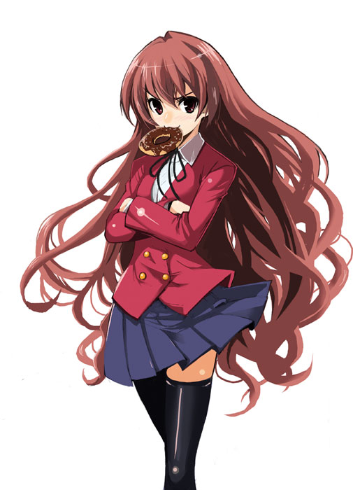 takuji (dekosenn), aisaka taiga, toradora!, 00s, 1girl, aged up, brown hair, crossed arms, donut, female focus, food, long hair, looking at viewer, mouth hold, school uniform, simple background, skirt, solo, standing, thighhighs, very long hair, white background
