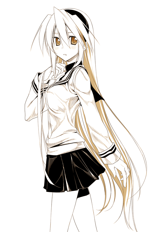 himura kiseki, sakagami tomoyo, clannad, 00s, 1girl, female focus, hairband, long hair, long sleeves, miniskirt, monochrome, school uniform, skirt, solo, very long hair