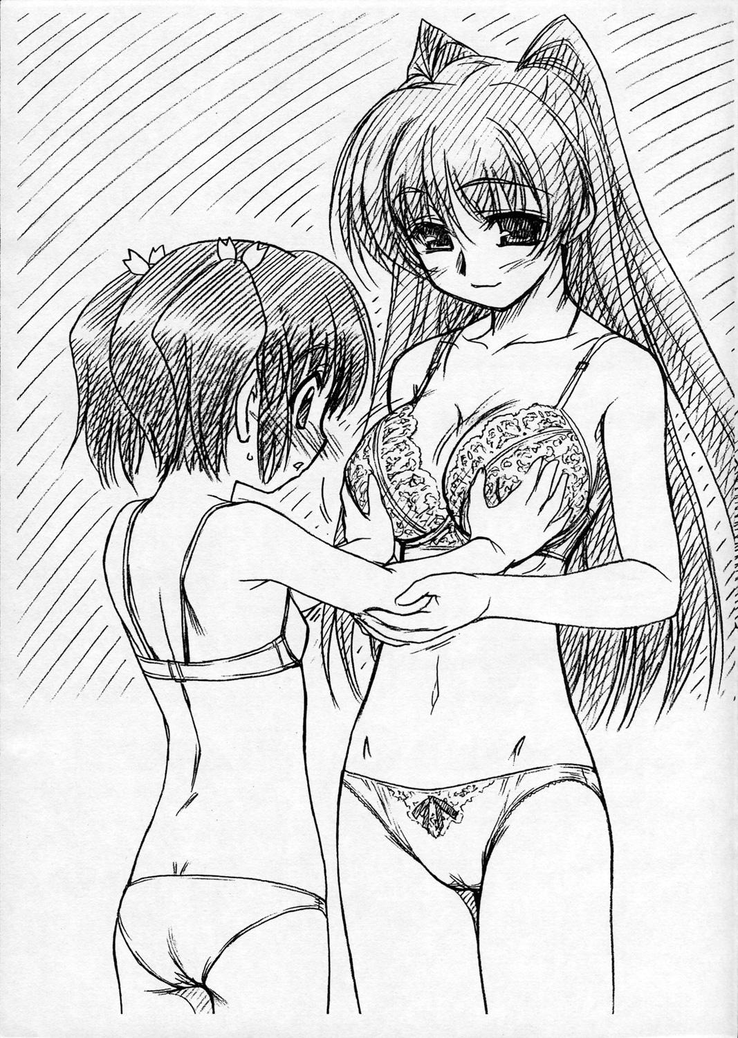mekongdelta, kousaka tamaki, yuzuhara konomi, to heart (series), to heart 2, highres, 00s, 2girls, butt crack, greyscale, lingerie, monochrome, multiple girls, underwear, underwear only