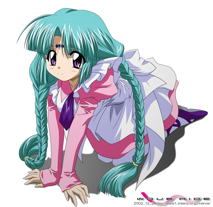 sugimura tomokazu, canal vorfeed, lost universe, white legwear, 1990s (style), braid, dated, full body, kneeling, maid, retro artstyle, simple background, solo, twin braids, watermark, web address, white background
