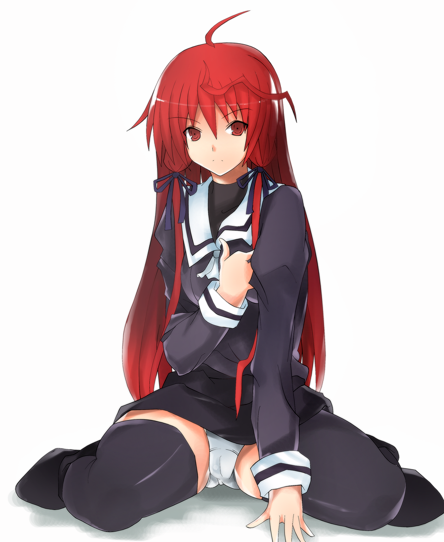 usugiri bacon, himuro akari, night wizard, bad id, bad pixiv id, 00s, 1girl, breasts, cameltoe, female focus, long hair, medium breasts, panties, red eyes, red hair, school uniform, sitting, solo, thighhighs, underwear, wariza, zettai ryouiki