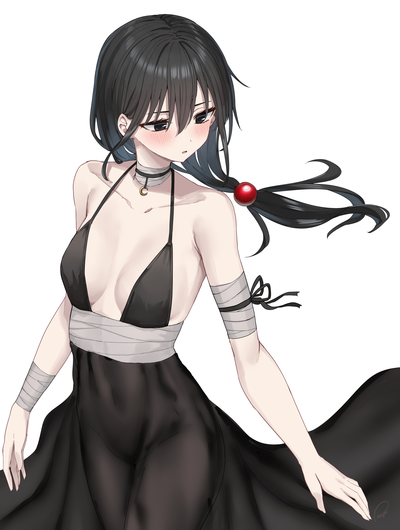 piripun, original, commentary request, highres, 1girl, bandaged arm, bandaged neck, bandaged waist, bandages, bare shoulders, black dress, black eyes, black hair, blush, breasts, collarbone, dress, floating hair, hair between eyes, long hair, parted lips, simple background, sleeveless, sleeveless dress, small breasts, solo, white background