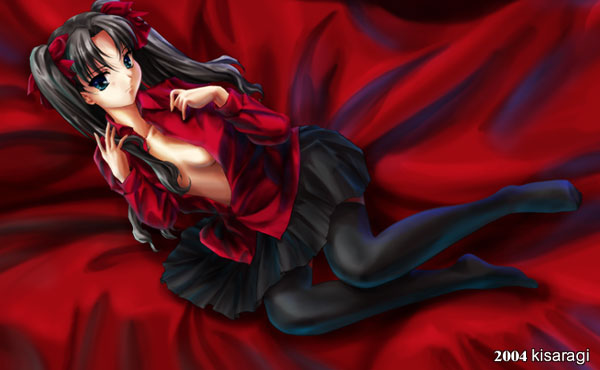 kisaragi (l-calena), tohsaka rin, fate/stay night, fate (series), type-moon, 00s, 1girl, black hair, black thighhighs, blue eyes, female focus, hair ribbon, legs, long hair, long legs, lying, on side, open clothes, open shirt, ribbon, shirt, skirt, solo, thighhighs, twintails, two side up