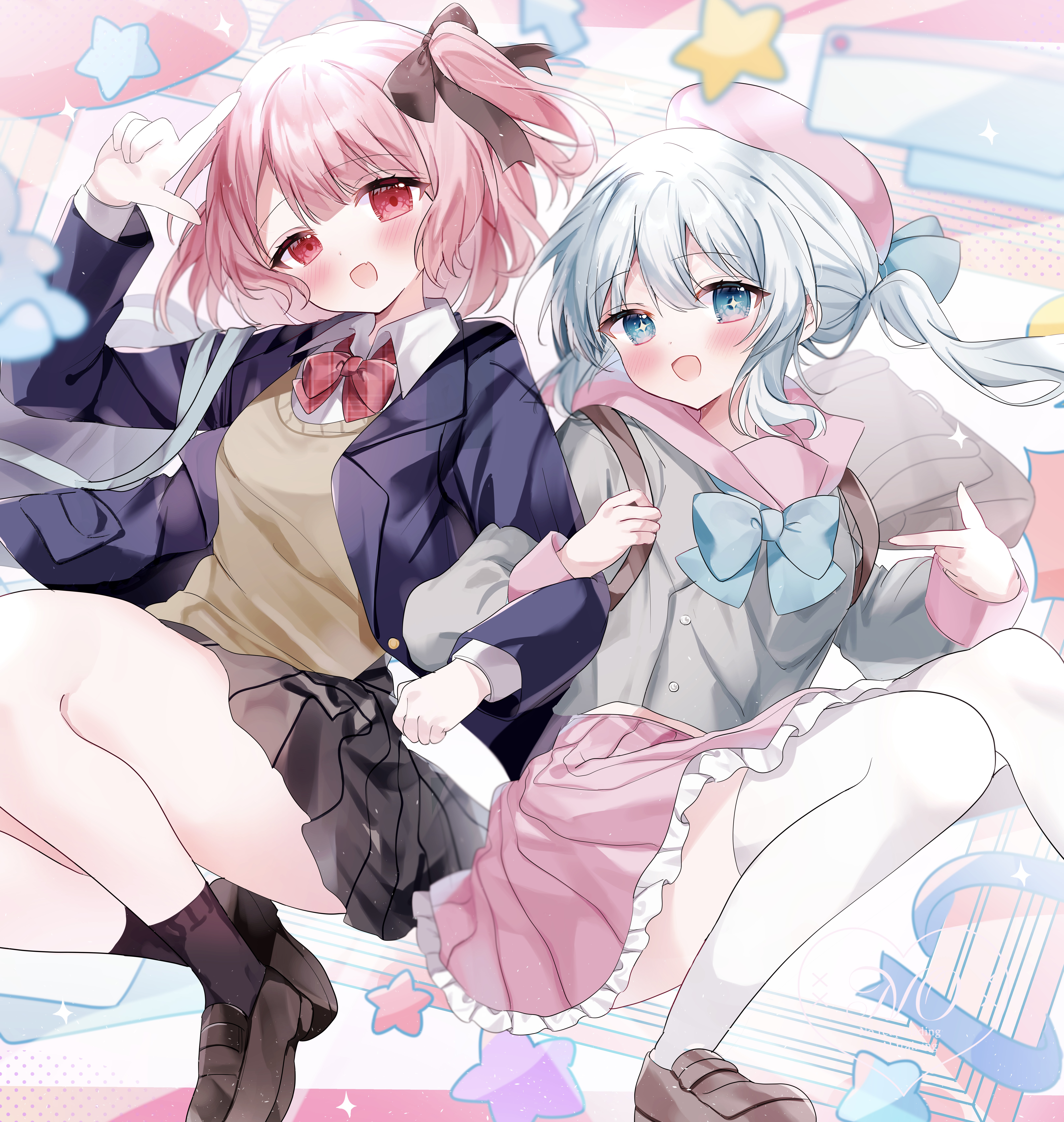 nahoshi (sevenstar744), original, absurdres, commentary request, highres, 2girls, :d, beret, black socks, blue bow, blue eyes, blue jacket, blush, bow, bowtie, brown shoes, brown skirt, cardigan vest, contrast collar, flying, gradient eyes, grey shirt, hair bow, hat, jacket, knees up, layered sleeves, loafers, locked arms, long hair, long sleeves, multicolored eyes, multiple girls, one side up, open mouth, pink hat, pink sailor collar, pink skirt, pleated skirt, pointing, red bow, red eyes, red hair, sailor collar, shirt, shoes, short hair, sidelocks, skirt, smile, socks, star (symbol), star in eye, symbol in eye, thighhighs, thighs, white hair, white thighhighs