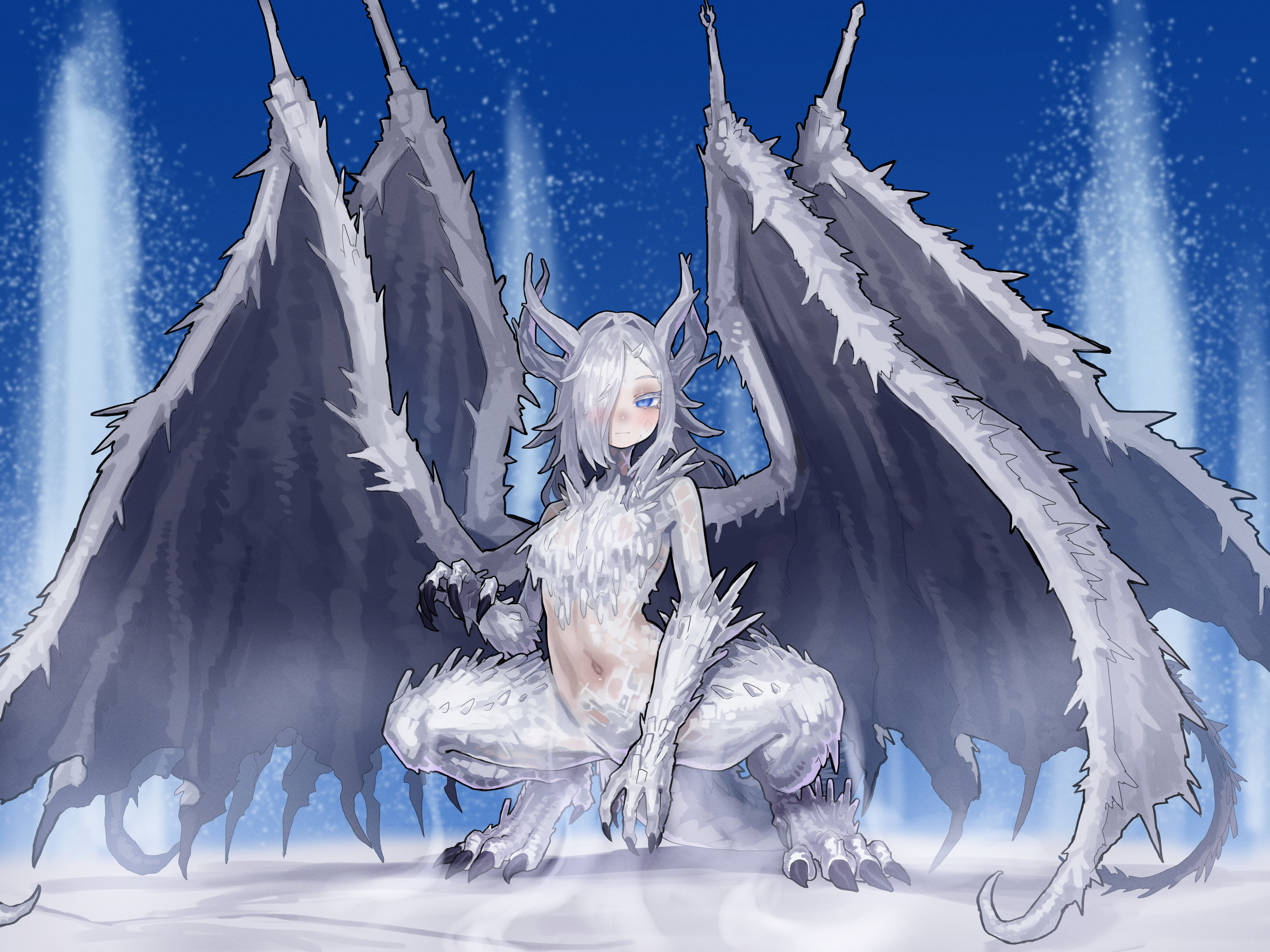 ekrea jan, caligo miasma of night, elden ring, elden ring nightreign, absurdres, commentary, highres, 1girl, blue background, breasts, claws, dragon girl, hair over one eye, horns, long hair, medium breasts, monster girl, multiple wings, navel, squatting, tail, wings