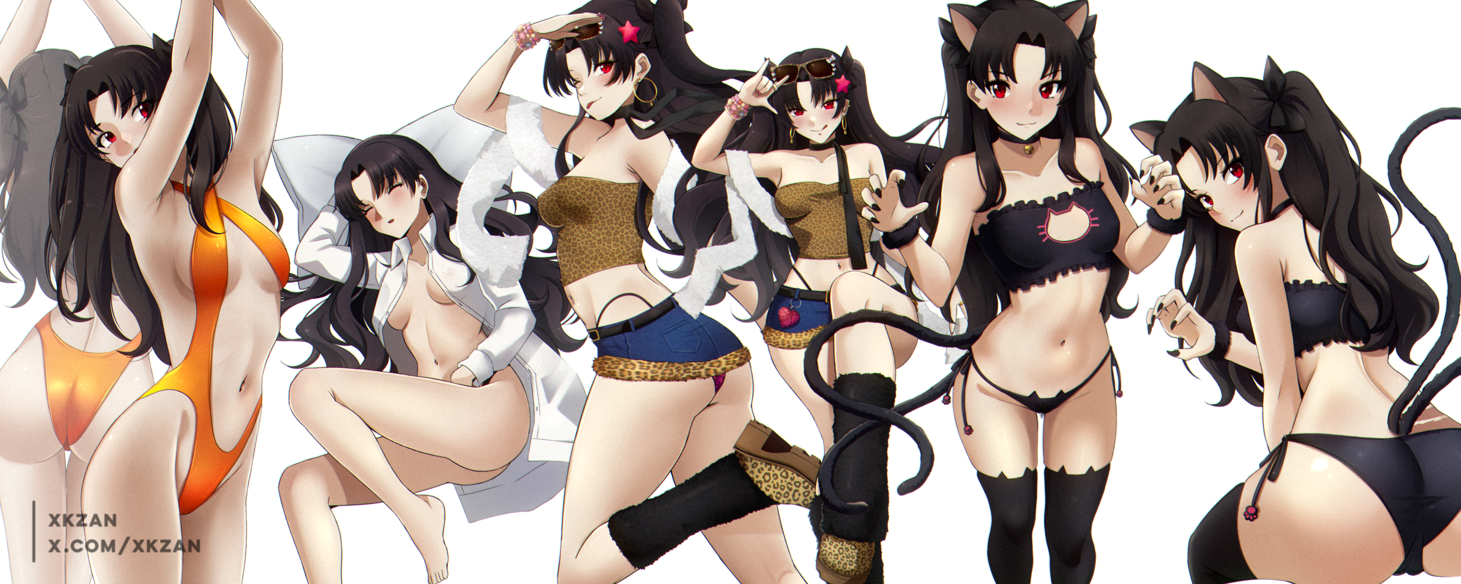 xkzan, ishtar (fate), fate/grand order, fate (series), absurdres, highres, 1girl, ;p, n/, animal ears, arm up, armpits, arms up, ass, barefoot, bell, belt, black belt, black choker, black hair, black nails, black thighhighs, boots, bottomless, bracelet, breasts, cat ears, cat lingerie, cat tail, choker, crop top, earrings, groin, hair down, highleg, highleg one-piece swimsuit, hoop earrings, jewelry, jingle bell, long hair, looking at viewer, medium breasts, microskirt, multiple views, naked shirt, navel, one-piece swimsuit, one eye closed, orange one-piece swimsuit, panty straps, pillow, red eyes, shirt, simple background, skirt, sleeping, small breasts, stomach, swimsuit, tail, thighhighs, thighs, tongue, tongue out, two side up, very long hair, white background