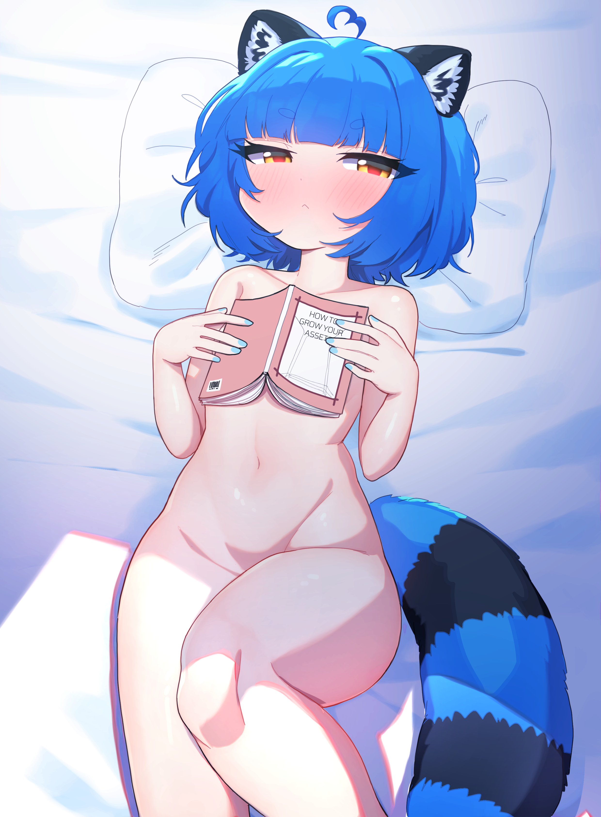 ryoshi, poko rakun, chromashift, absurdres, highres, 1girl, ahoge, animal ears, blue hair, book, flat chest, lying, navel, nude, on back, raccoon ears, short hair, solo, tail, virtual youtuber