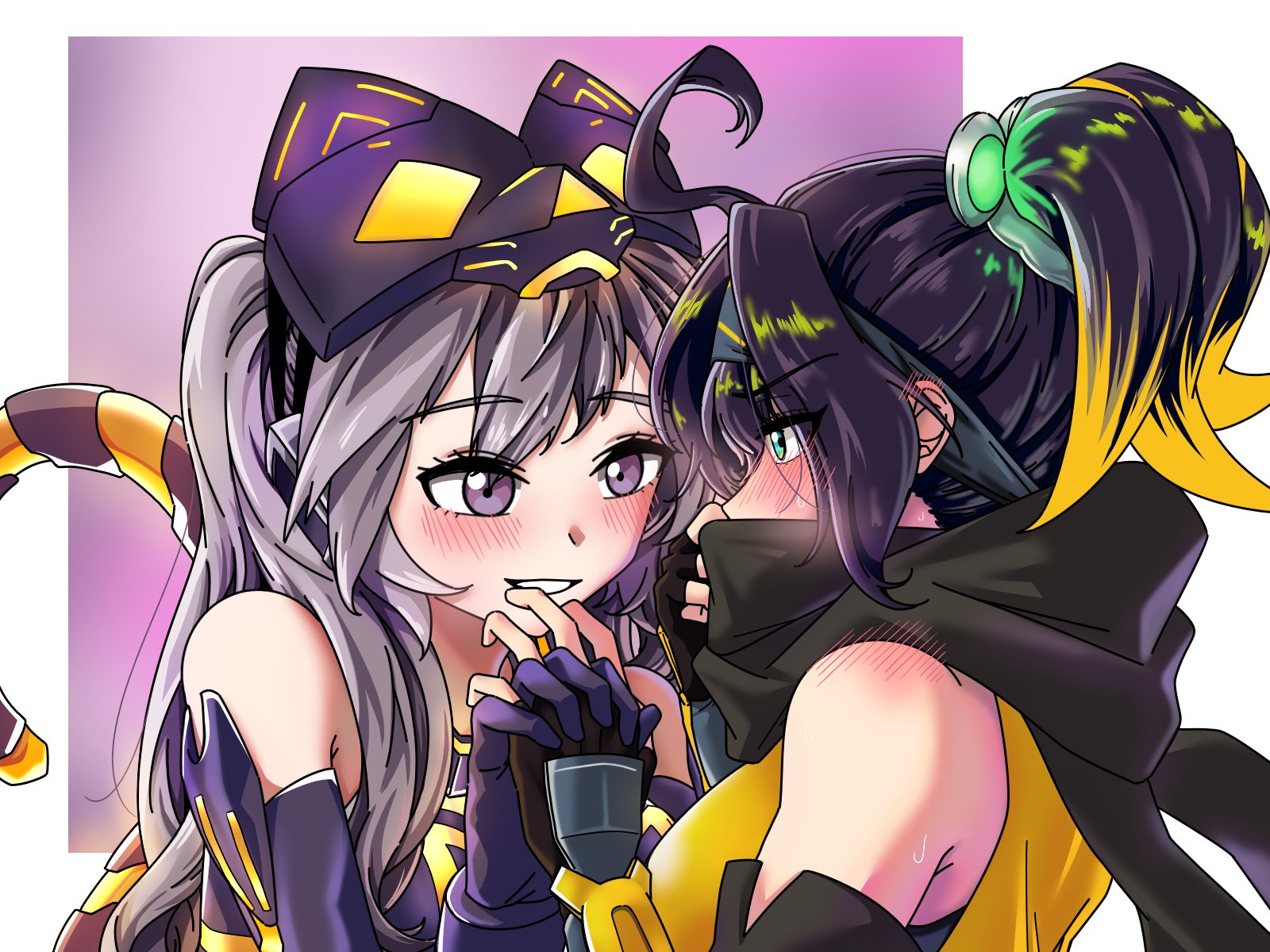 cottonswab336, i:p masquerena, s-force rappa chiyomaru, s:p little knight, yu-gi-oh!, highres, 2girls, blush, covering own mouth, embarrassed, gloves, interlocked fingers, multiple girls, off shoulder, ponytail, smile, yuri