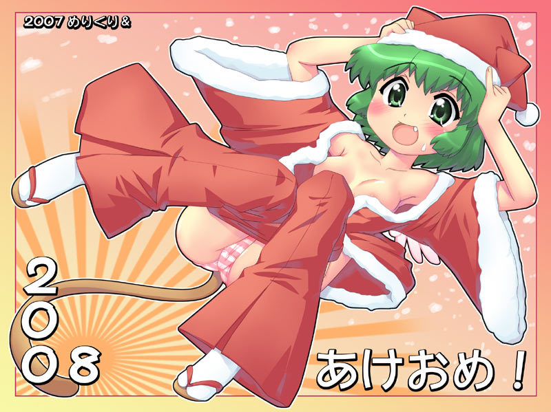 hase yu, nyano, original, 00s, 1girl, 2007, 2008, akeome, armpits, bare shoulders, blush, cat tail, christmas, collarbone, fang, female focus, flat chest, green eyes, green hair, happy new year, hat, matching hair/eyes, merry christmas, new year, panties, sandals, santa costume, santa hat, smile, solo, striped clothes, striped panties, sweatdrop, tail, underwear, wings