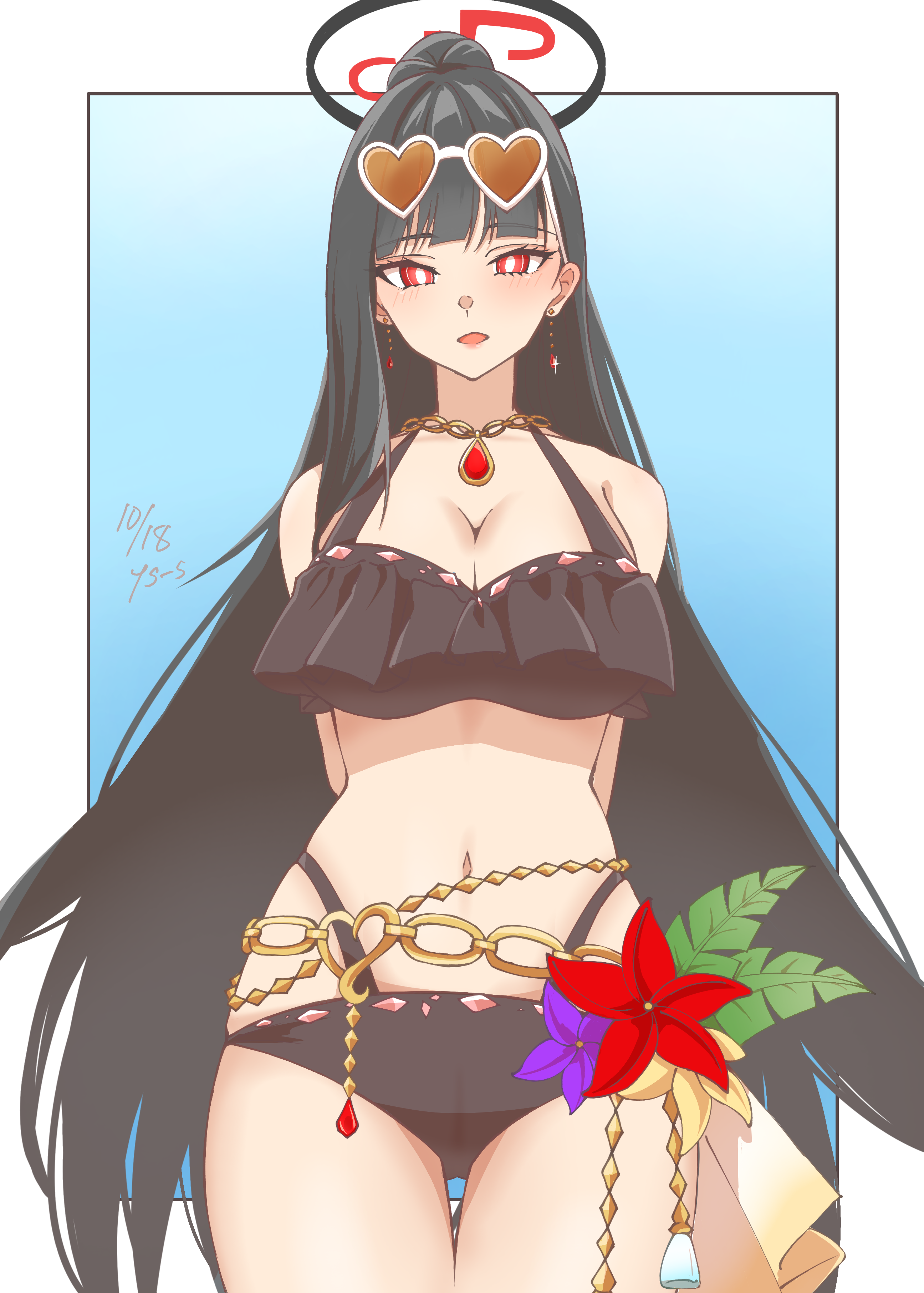 kyoshinsya ysis, lynn (voice actor), maruzensky (hot summer night) (umamusume), maruzensky (umamusume), rio (blue archive), blue archive, umamusume, absurdres, commentary request, highres, 1girl, :d, arms behind back, bare shoulders, belt, bikini, black bikini, black hair, blunt bangs, blush, breasts, cleavage, cosplay, earrings, eyewear on head, halo, jewelry, large breasts, long hair, looking at viewer, maruzensky (umamusume) (cosplay), navel, necklace, open mouth, red eyes, smile, solo, sunglasses, swimsuit, voice actor connection