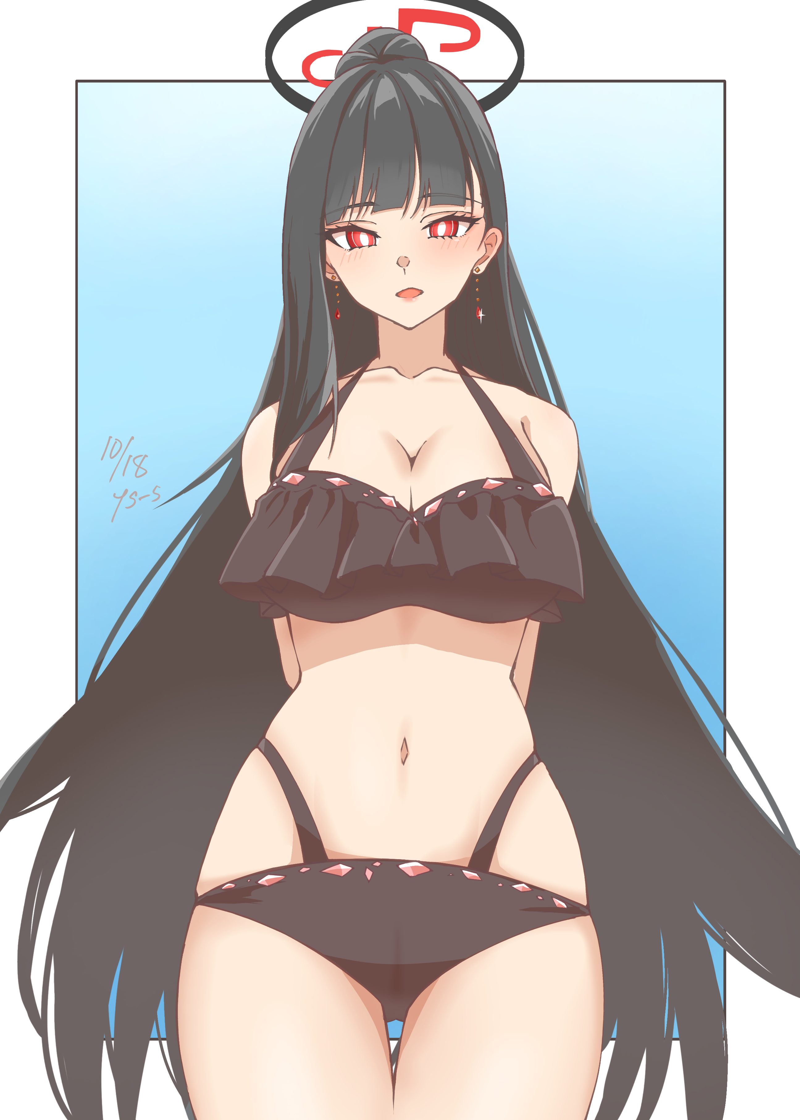 kyoshinsya ysis, lynn (voice actor), maruzensky (hot summer night) (umamusume), maruzensky (umamusume), rio (blue archive), blue archive, umamusume, absurdres, commentary request, highres, 1girl, :d, arms behind back, bare shoulders, bikini, black bikini, black hair, blunt bangs, blush, breasts, cleavage, cosplay, earrings, halo, jewelry, large breasts, long hair, looking at viewer, maruzensky (umamusume) (cosplay), navel, open mouth, red eyes, smile, solo, swimsuit, voice actor connection
