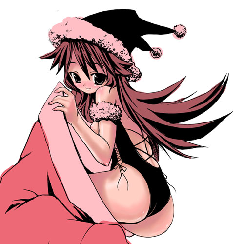 lowres, ass, blush, brown hair, green eyes, hat, long hair, solo