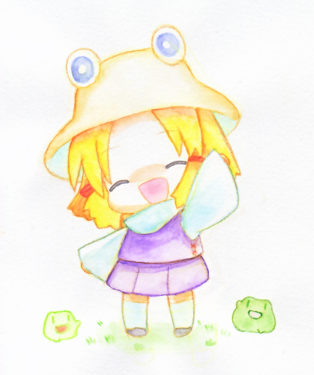 rias-shiki kawaii, moriya suwako, touhou, bad id, bad pixiv id, 1girl, ^ ^, blonde hair, chibi, closed eyes, female focus, frog, full body, hat, plant, short hair, skirt, solo, white background