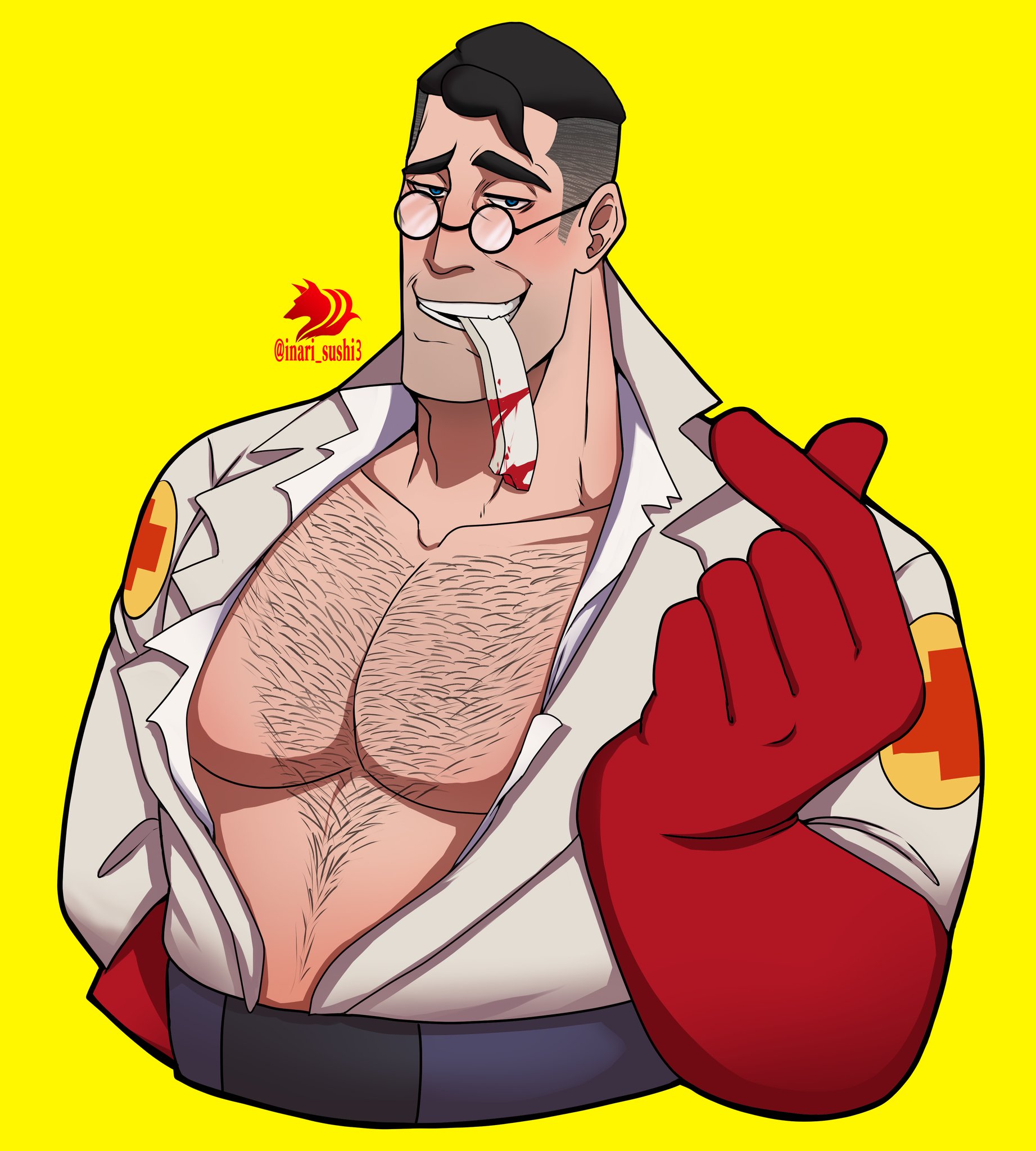 inari konko (inari sushi3), medic (tf2), team fortress 2, highres, 1boy, arm behind back, bara, black hair, blue eyes, blush, chest hair, coat, collarbone, cropped torso, finger heart, glasses, gloves, half-closed eyes, lab coat, male focus, muscular, muscular male, open clothes, open coat, pectorals, red gloves, round eyewear, short hair, simple background, smile, solo, thick eyebrows, twitter username, undercut, upper body, yellow background