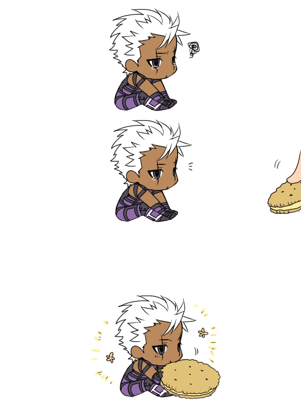 esaka, krizalid, snk, the king of fighters, 1boy, chibi, comic, cookie, dark-skinned male, dark skin, eating, food, glowing, male focus, short hair, silent comic, sitting, tears, white background, white hair