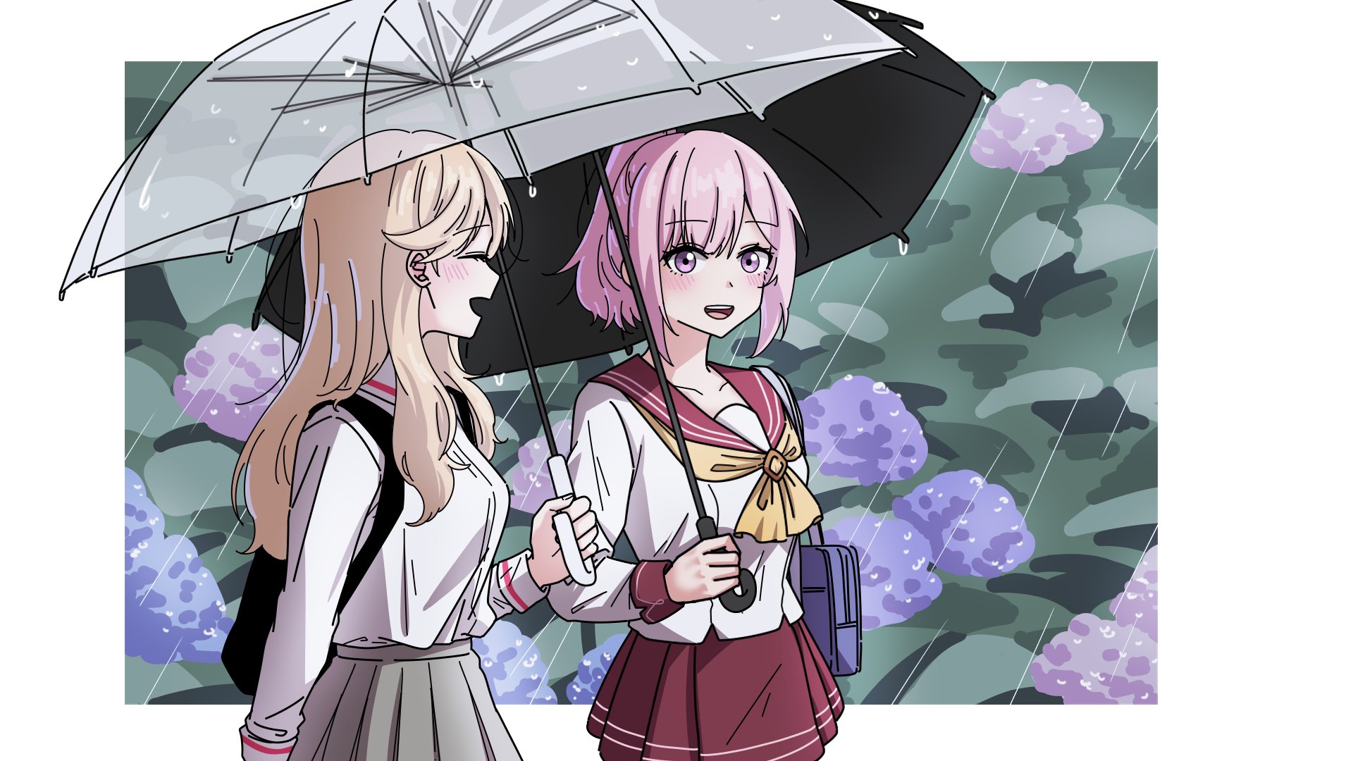 cottonswab336, amaori haruna, sena ajisai, watashi ga koibito ni nareru wake naijan murimuri!, highres, 2girls, ashigaya high school uniform, blonde hair, blush, embarrassed, holding, holding umbrella, multiple girls, pink hair, ponytail, rain, school uniform, smile, umbrella