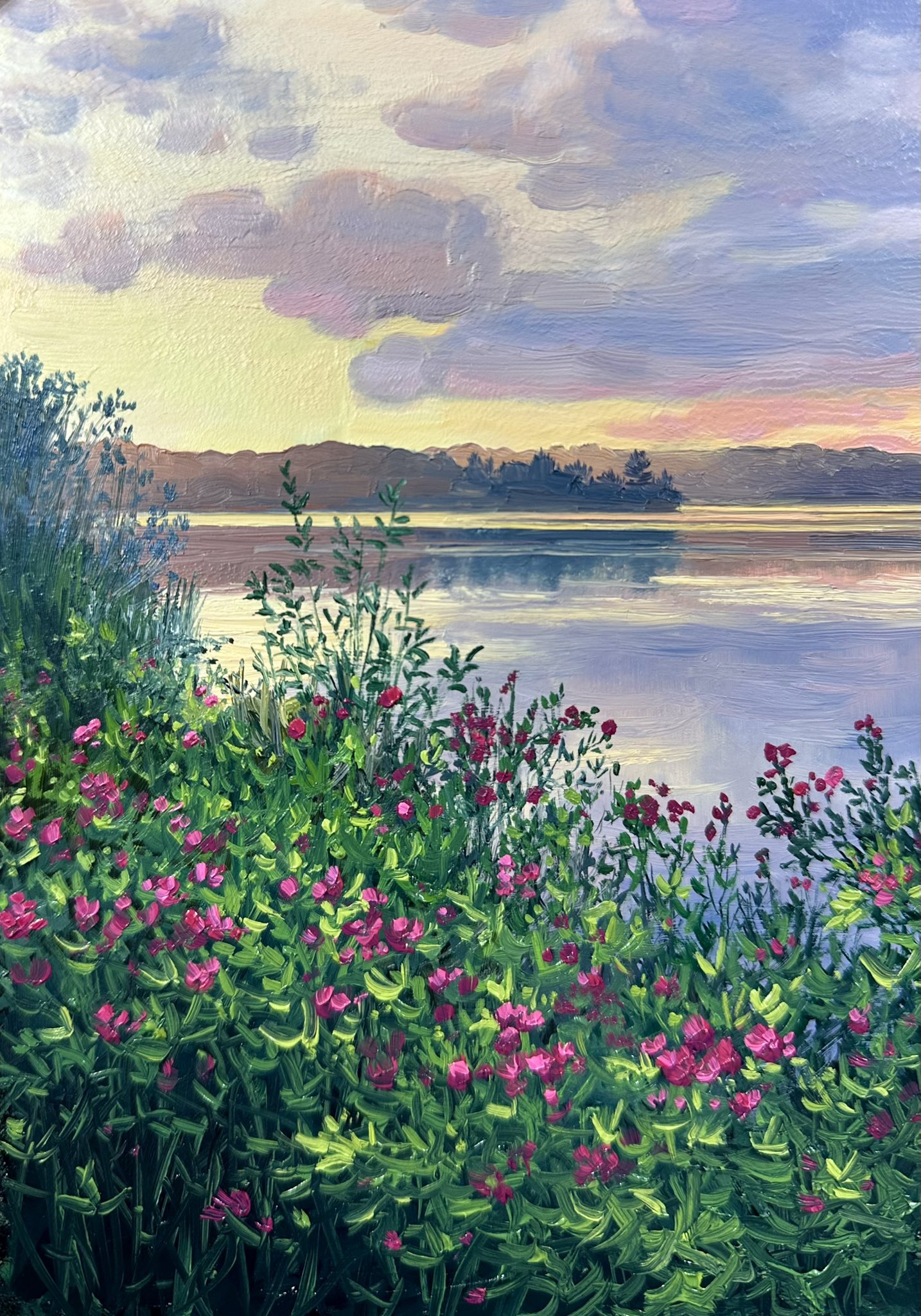 kate avery, original, commentary, english commentary, highres, oil painting (medium), painting (medium), traditional media, cloud, cloudy sky, flower, lake, no humans, orange sky, outdoors, purple flower, scenery, sky