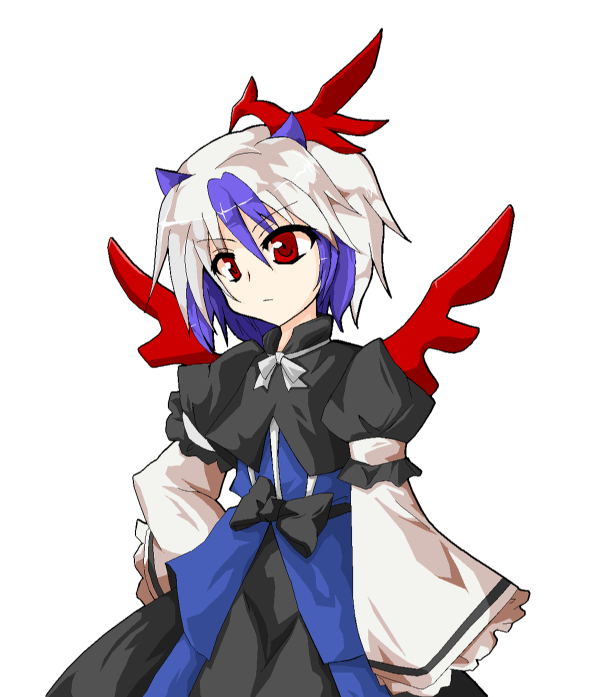 kinomiki nobori, tokiko (touhou), curiosities of lotus asia, touhou, 1girl, alphes (style), female focus, hand on own hip, head wings, hip focus, horns, multicolored hair, parody, red eyes, simple background, solo, standing, style parody, white background, wings