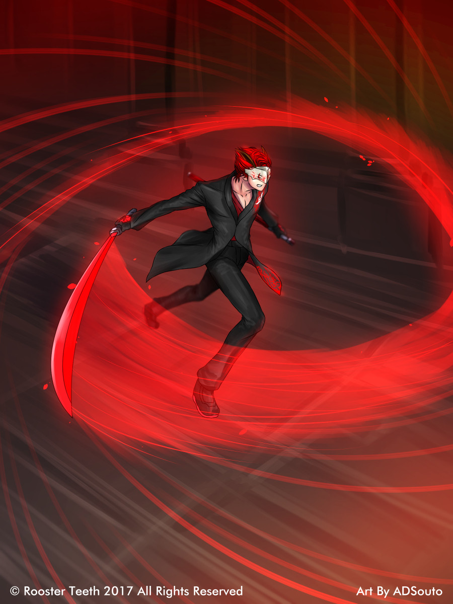 adsouto, adam taurus, rwby, highres, 1boy, attack, belt, boots, chokutou, gloves, holding, holding sword, holding weapon, horns, jacket, male focus, mask, red hair, shirt, sword, waist cape, weapon, wilt and blush