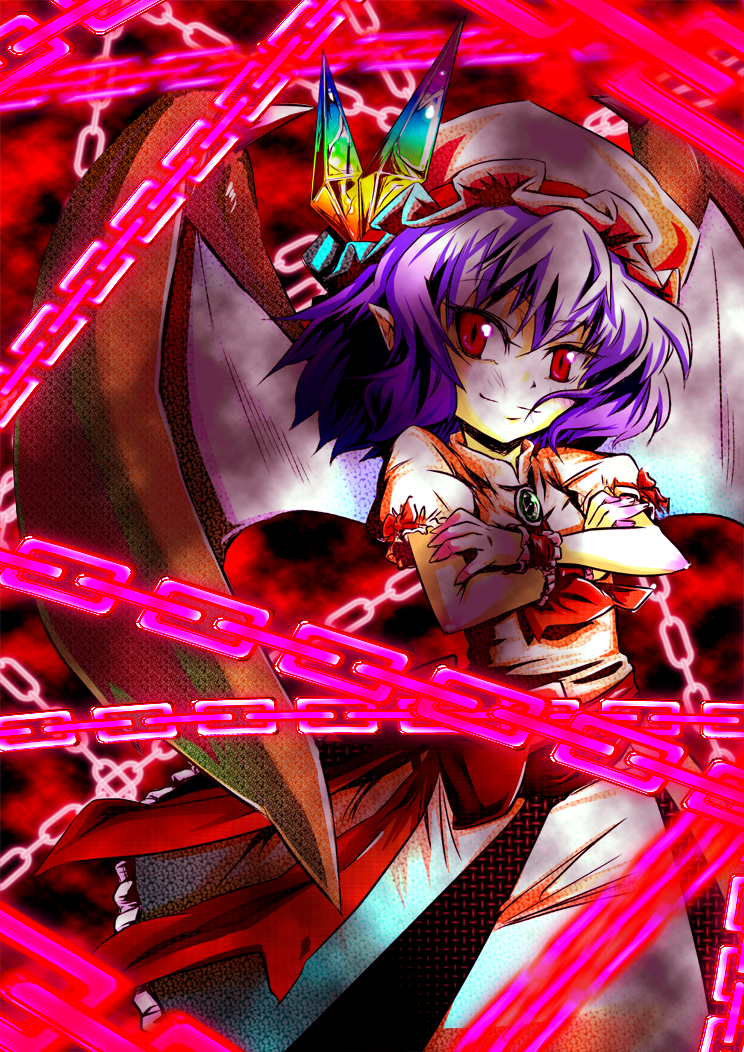 u.sa, remilia scarlet, touhou, 1girl, bat wings, chain, female focus, hat, pointy ears, purple hair, red eyes, short hair, solo, wings