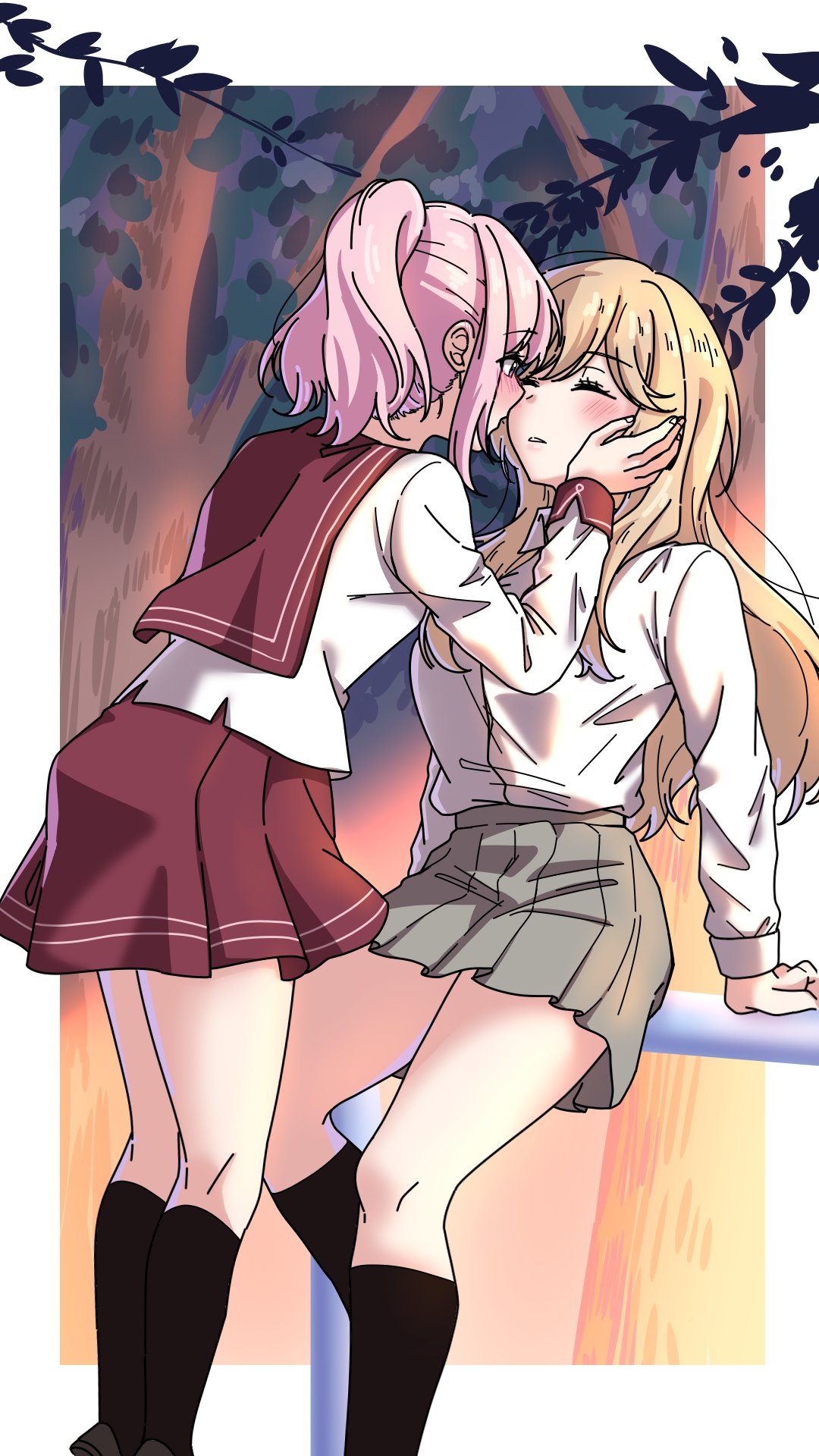 cottonswab336, amaori haruna, sena ajisai, watashi ga koibito ni nareru wake naijan murimuri!, highres, 2girls, ashigaya high school uniform, blonde hair, blush, closed eyes, embarrassed, imminent kiss, multiple girls, ponytail, school uniform, tree, yuri
