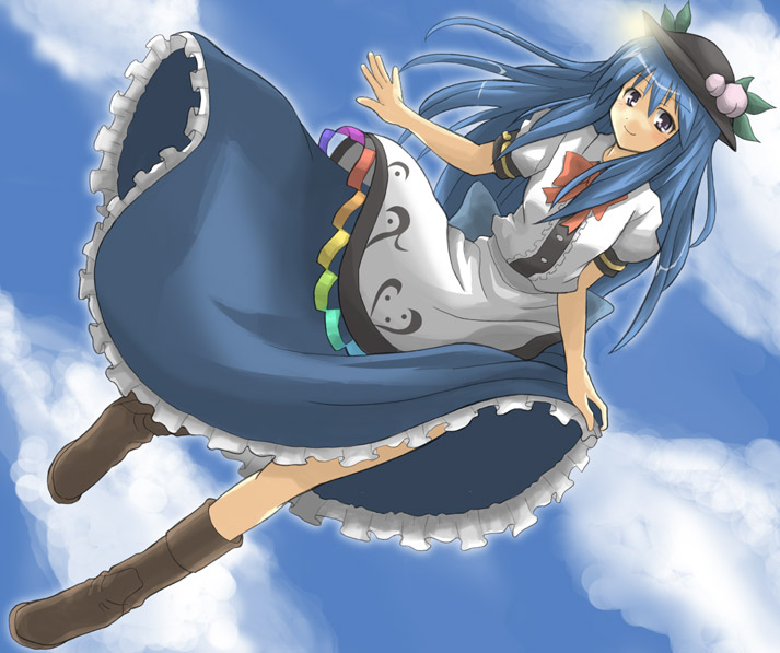 hino ryuu, hinoryu, hinanawi tenshi, touhou, bad id, bad pixiv id, 1girl, blue hair, cloud, day, female focus, food, fruit, hat, peach, purple eyes, sky, solo
