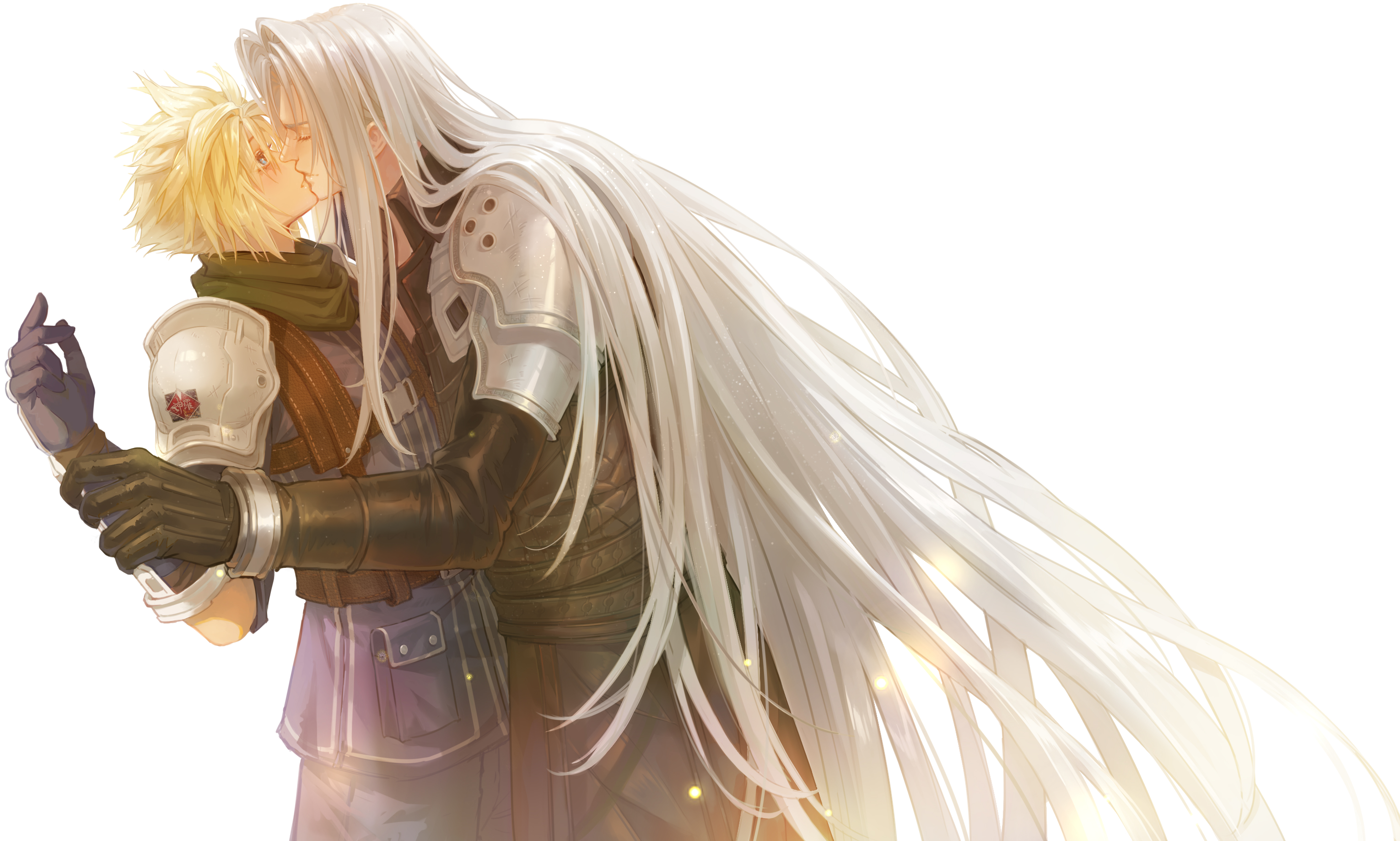yakakaer, cloud strife, sephiroth, final fantasy, final fantasy vii, commentary, hashtag-only commentary, highres, 2boys, absurdly long hair, arm up, armor, black coat, black gloves, blonde hair, blue coat, blue eyes, blue pants, closed eyes, closed mouth, coat, curtained hair, gloves, green scarf, hand on another's arm, kiss, long hair, long sleeves, looking at another, male focus, multiple boys, pants, pauldrons, scarf, short hair, shoulder armor, simple background, spiked hair, standing, very long hair, white background, white hair, yaoi