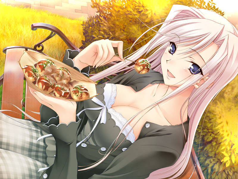 komori kei, charlotte hazellink, princess lover, plaid, game cg, 1girl, autumn, bench, blue eyes, breasts, cleavage, dutch angle, eating, female focus, food, large breasts, long hair, open clothes, open shirt, pink hair, shirt, sitting, smile, solo, takoyaki