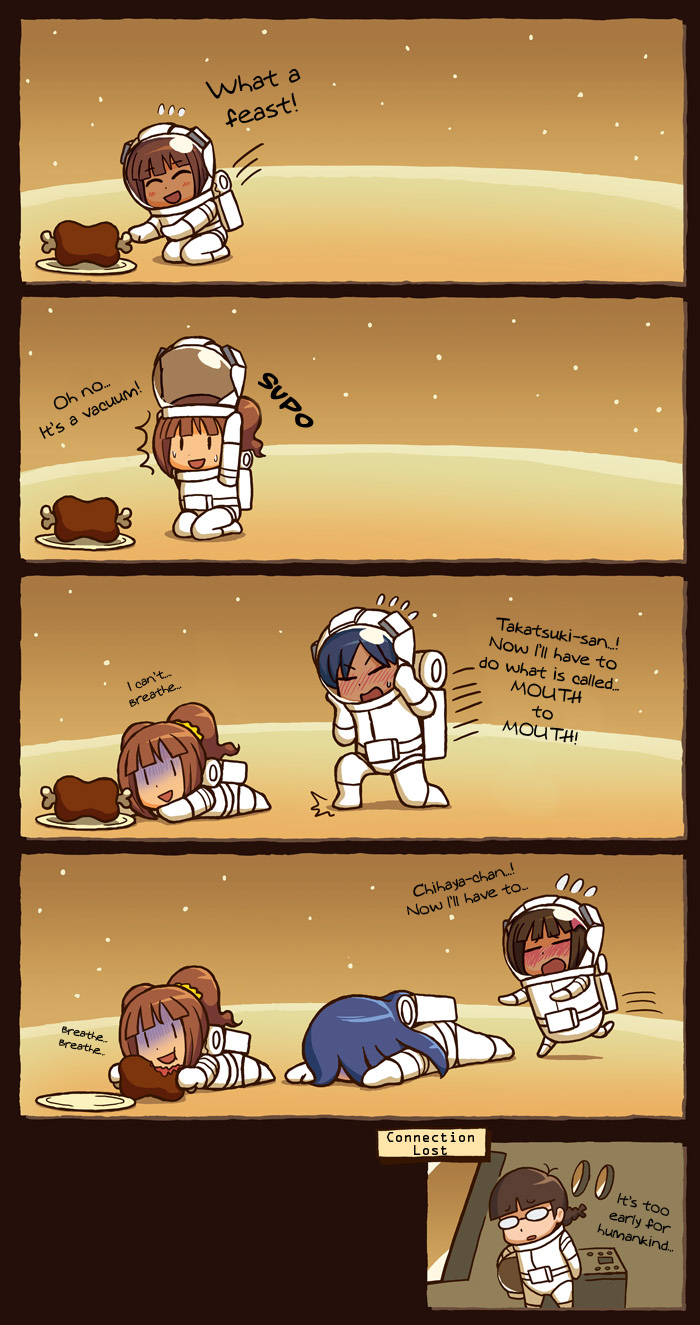 riyo (lyomsnpmp), akizuki ritsuko, amami haruka, kisaragi chihaya, takatsuki yayoi, idolmaster, idolmaster (classic), idolmaster 1, hard-translated, highres, third-party edit, translated, 00s, 4girls, blue hair, blush, boned meat, comic, food, meat, multiple girls, spacesuit, twintails