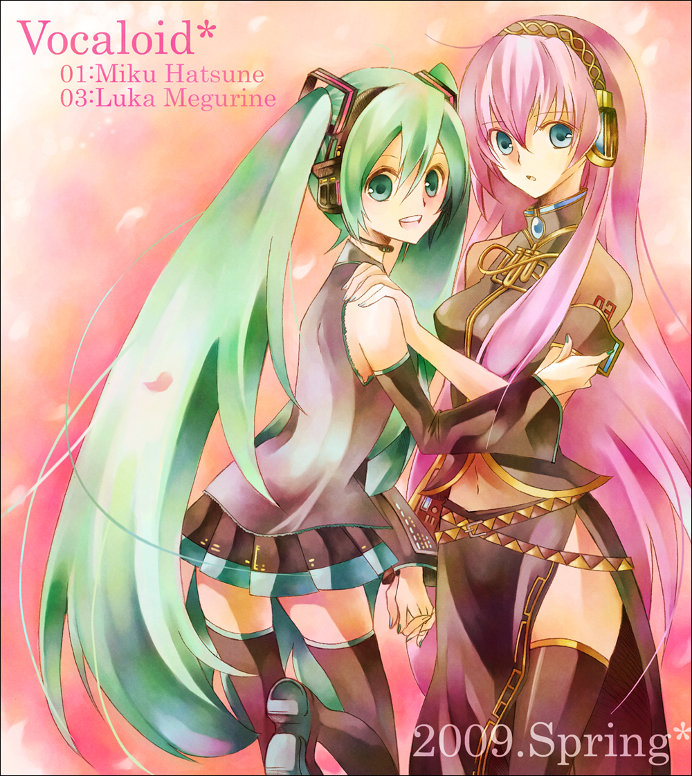 ayuko (ayuco), ayuko (pixiv123797), hatsune miku, megurine luka, vocaloid, bad id, bad pixiv id, 2girls, detached sleeves, green eyes, green hair, hairband, headband, holding hands, long hair, microphone, multiple girls, nail polish, pink hair, skirt, thighhighs, very long hair, zettai ryouiki