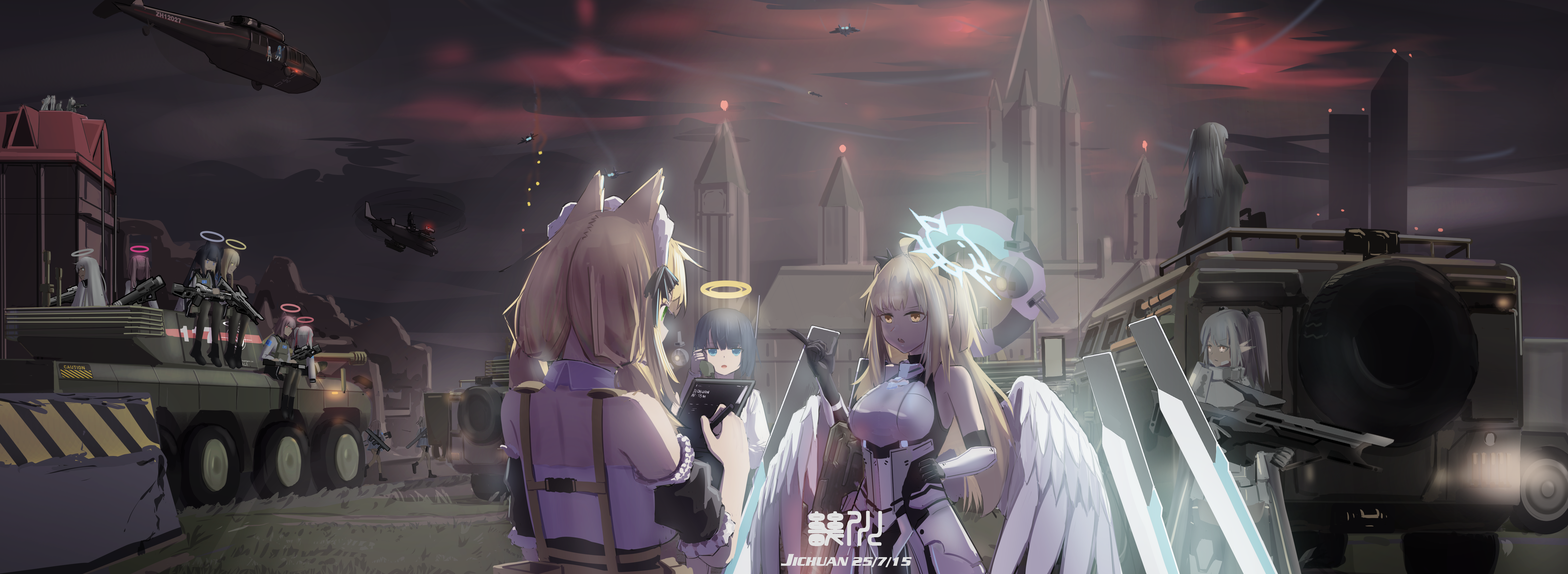 miliki, blue archive, absurdres, character request, highres, 6+girls, aircraft, animal ears, armored personnel carrier, armored vehicle, assault rifle, black hair, blonde hair, blue eyes, building, cat ears, flares (countermeasure), frills, gun, halo, helicopter, motor vehicle, multiple girls, rifle, weapon, white hair, wings, yellow eyes, zbl-08