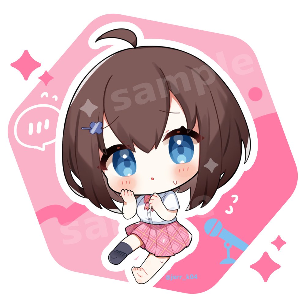 kashiwase karune, indie virtual youtuber, commentary request, 1girl, :o, ahoge, black socks, blue eyes, blush, bow, bowtie, brown hair, buttons, chibi, chibi only, collared shirt, full body, looking at viewer, makita tsugumi, microphone, no shoes, open mouth, outline, pink background, pink bow, pink bowtie, pink skirt, plaid clothes, plaid skirt, pleated skirt, shirt, short hair, short sleeves, single bare foot, single sock, skirt, socks, solo, sweatdrop, twitter username, virtual youtuber, white outline, white shirt