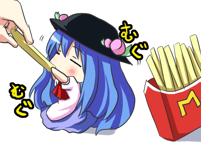 darkside, darkside (pixiv98115), hinanawi tenshi, mcdonald's, touhou, bad id, bad pixiv id, translated, 1girl, blue hair, blush, chibi, closed eyes, female focus, food, french fries, fruit, hat, leaf, long hair, mini person, minigirl, peach, solo