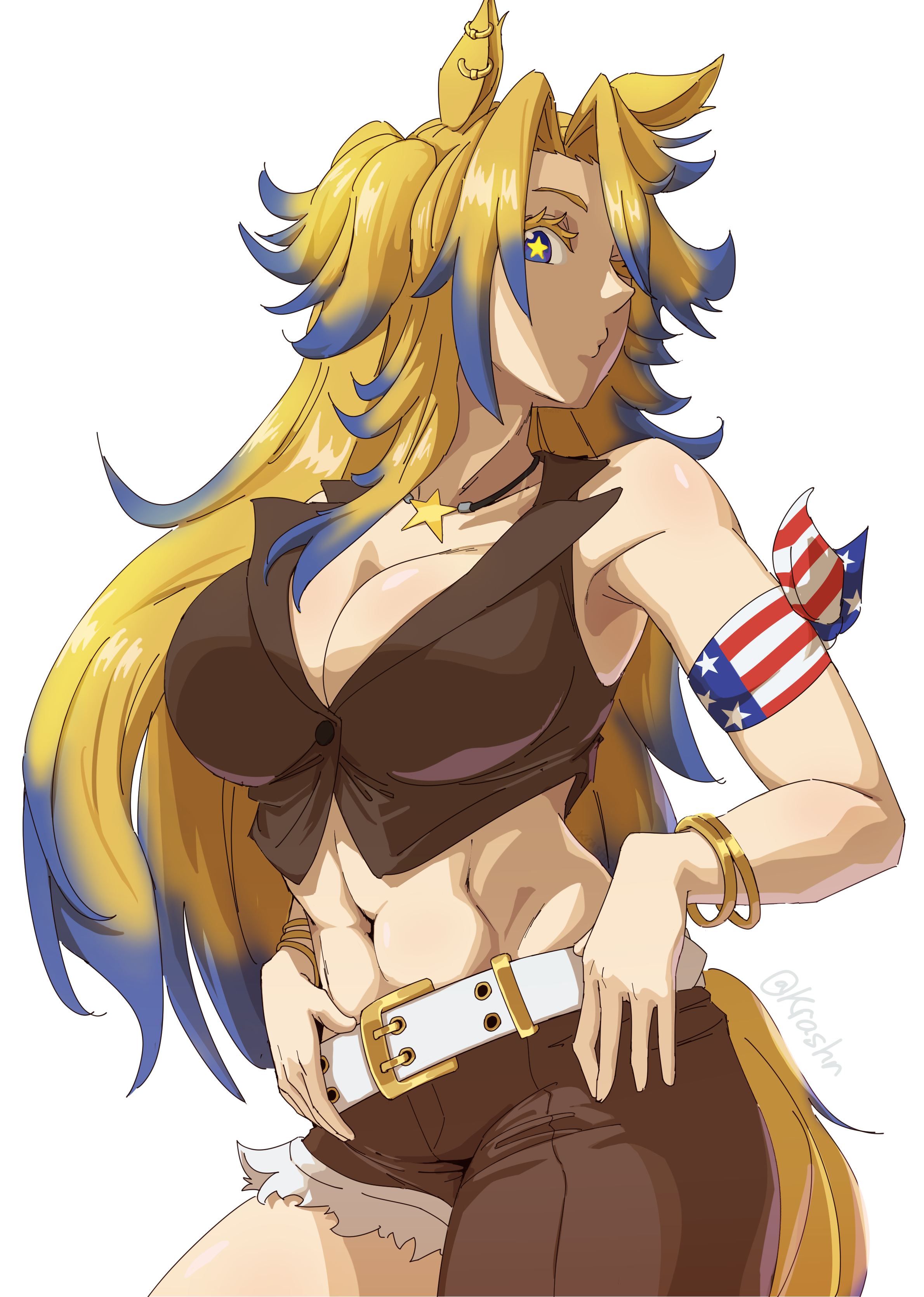 obey your master (umamusume), umamusume, umamusume: cinderella gray, absurdres, highres, abs, american flag, american flag print, arm ribbon, belt, blonde hair, blue eyes, breasts, brown pants, brown vest, cleavage, flag print, gradient hair, hair over one eye, jewelry, krashr, long hair, multicolored hair, necklace, obey, pants, ribbon, simple background, star-shaped pupils, star (symbol), star necklace, symbol-shaped pupils, two-tone hair, vest, white background, white belt
