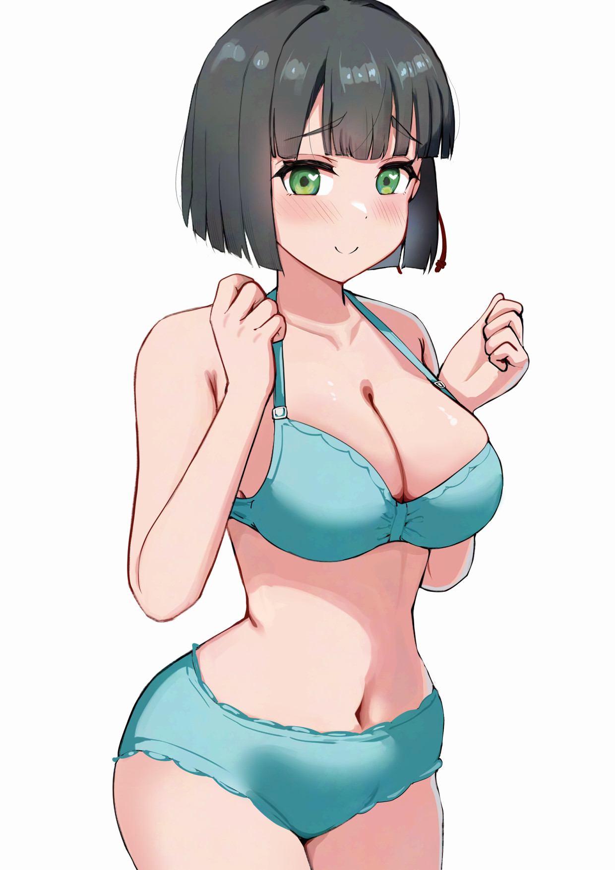 pisagi, original, highres, 1girl, aqua bra, aqua panties, bare arms, black hair, blunt bangs, blunt ends, blush, bob cut, bra, breasts, cleavage, clenched hands, closed mouth, collarbone, cowboy shot, curvy, heart, heart-shaped pupils, large breasts, looking at viewer, navel, panties, short hair, simple background, smile, solo, standing, symbol-shaped pupils, underwear, white background