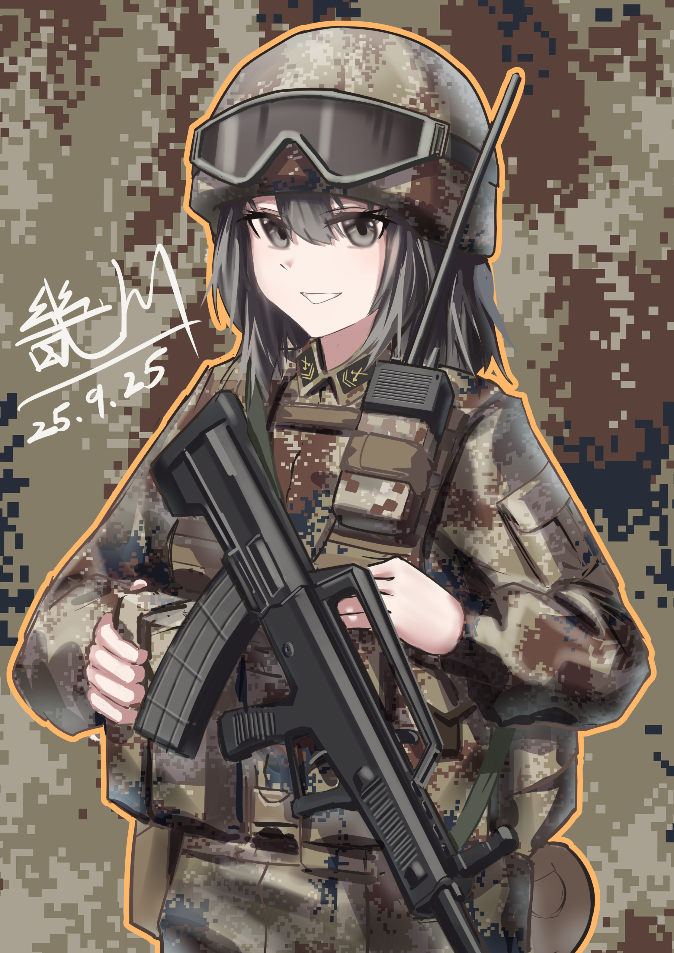 miliki, original, absurdres, highres, 1girl, assault rifle, black eyes, black hair, bullpup, camouflage, cowboy shot, dated, digital camouflage, gun, helmet, lapels, load bearing vest, military combat uniform, military uniform, people's liberation army, qbz-95, radio, rifle, signature, solo, weapon