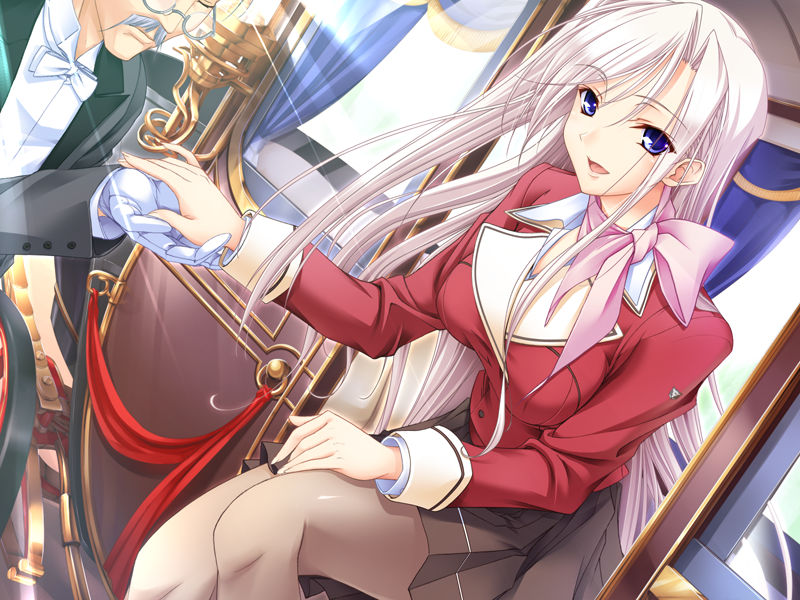 komori kei, alfred (princess lover), charlotte hazellink, princess lover, light, game cg, 1girl, blue eyes, butler, carriage, dutch angle, gloves, long hair, pantyhose, pink hair, scarf, school uniform