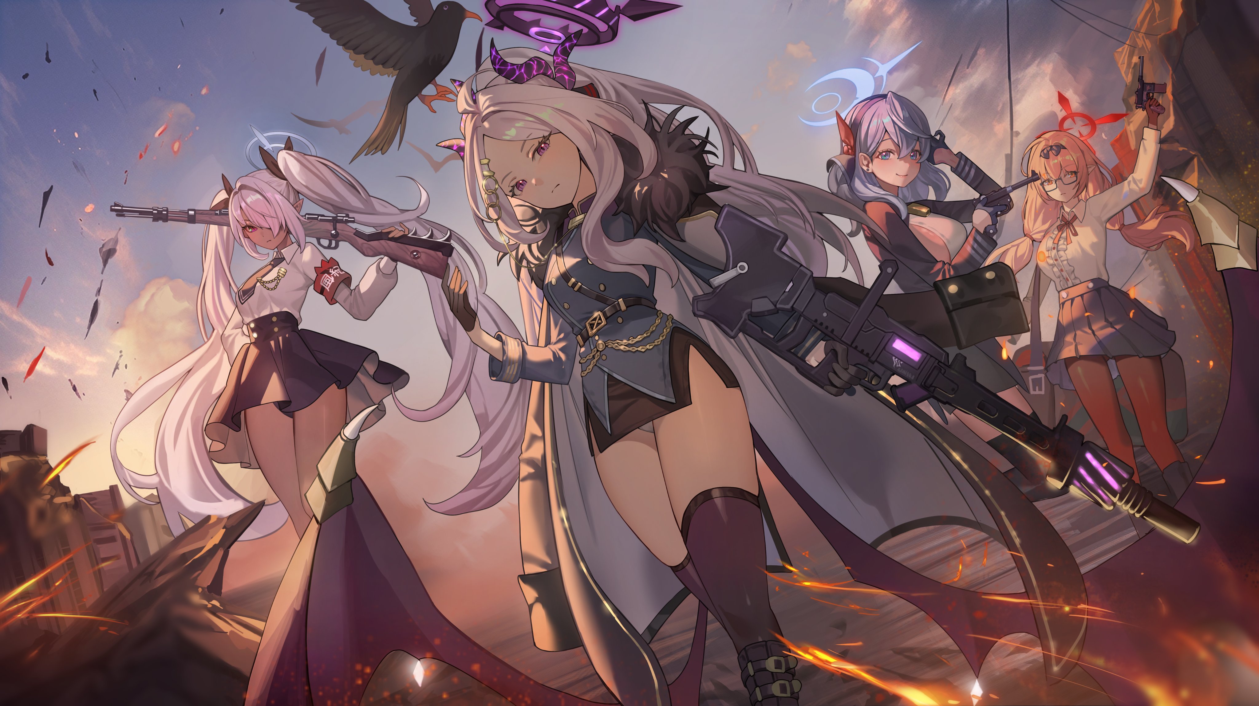 dunnie1130, ako (blue archive), chinatsu (blue archive), hina (blue archive), iori (blue archive), blue archive, absurdres, highres, 4girls, ahoge, bird, black coat, black halo, black skirt, blue eyes, blue hair, breasts, coat, coat on shoulders, dark-skinned female, dark skin, demon girl, demon horns, demon wings, glasses, grey hair, gun, halo, holding, holding gun, holding weapon, horns, long hair, low wings, machine gun, mg42, multiple girls, orange hair, outdoors, panties, prefect team (blue archive), red eyes, skirt, small breasts, standing, twintails, underwear, very long hair, weapon, white hair, white panties, wings