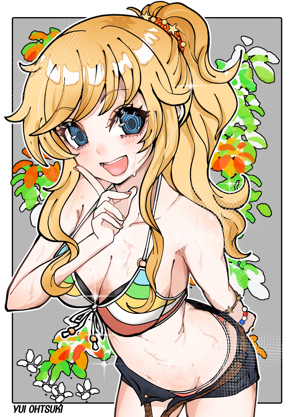 amane shinobu, ohtsuki yui, idolmaster, idolmaster cinderella girls, highres, 1girl, arm behind back, bare shoulders, bikini, blonde hair, blue eyes, blush, breasts, cleavage, collarbone, denim, denim shorts, front-tie bikini top, front-tie top, groin, layered bikini, long hair, looking at viewer, medium breasts, navel, open mouth, ponytail, rainbow bikini, shorts, smile, solo, swimsuit, thighs, wavy hair, wavy sidelocks