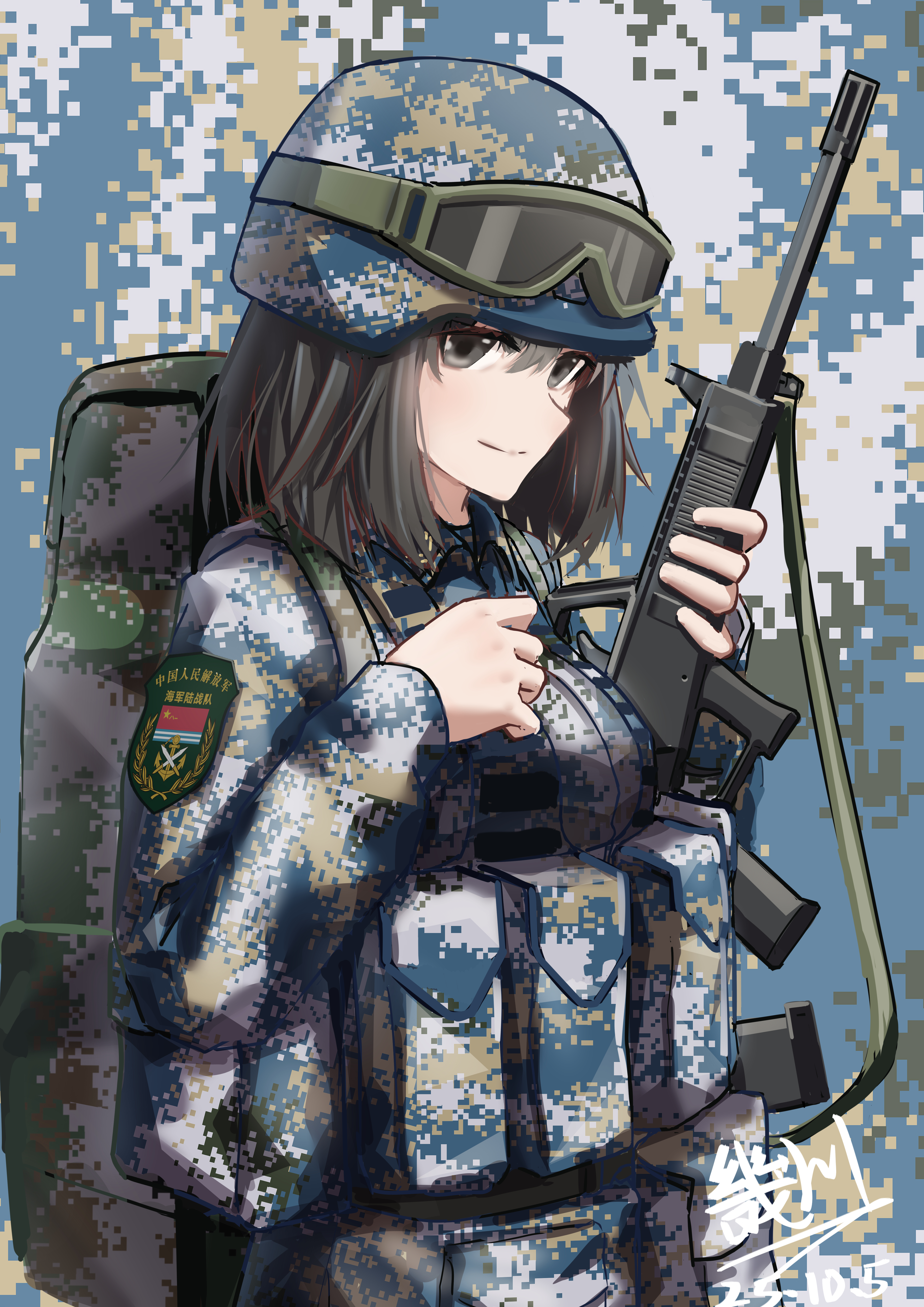 miliki, original, absurdres, highres, 1girl, assault rifle, backpack, bag, black eyes, black hair, bullpup, camouflage, dated, digital camouflage, gun, helmet, load bearing vest, looking at viewer, military combat uniform, military uniform, people's liberation army navy marine corps, qbz-95, rifle, signature, solo, weapon
