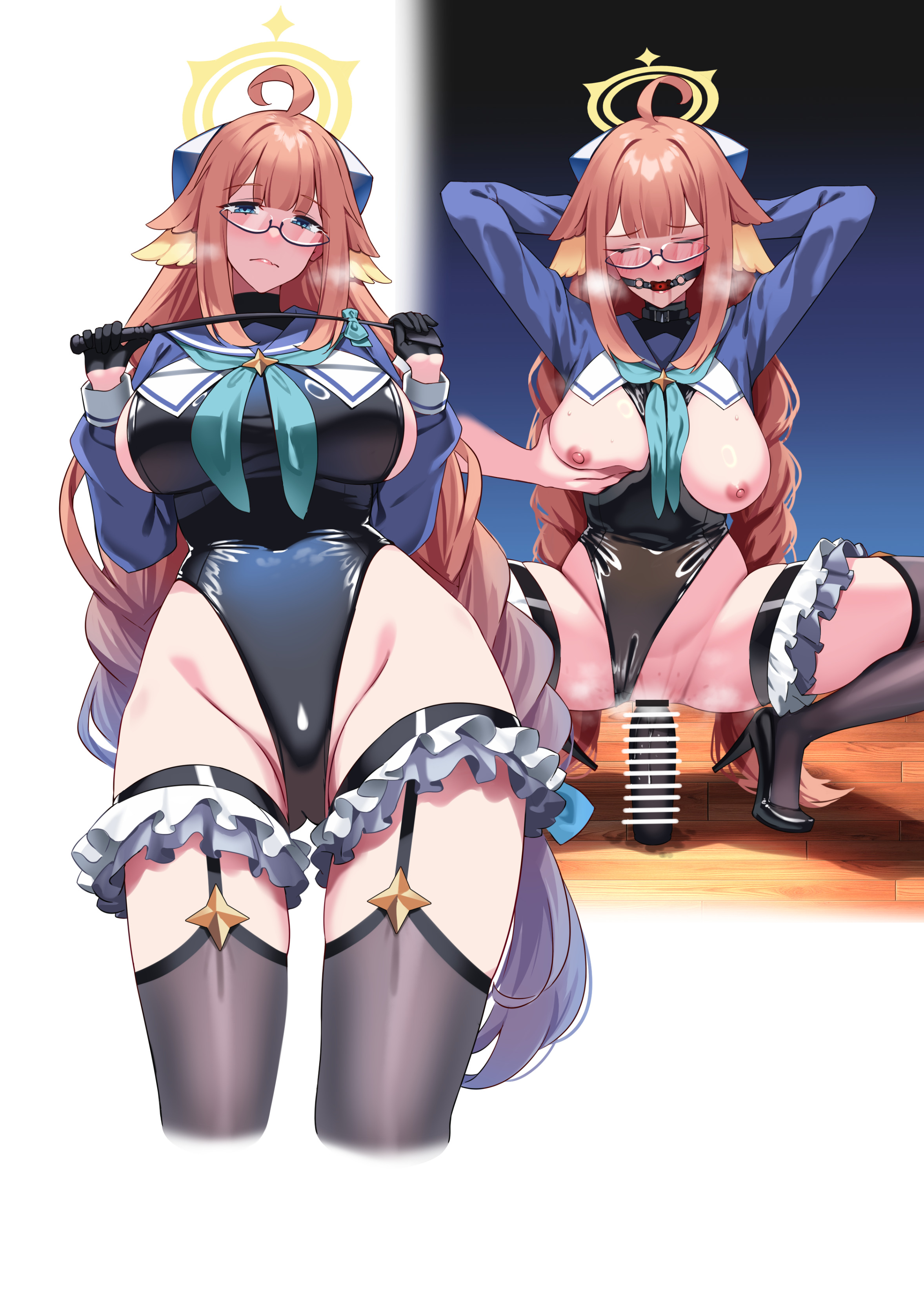 hiememiko, shimiko (blue archive), shimiko (magical) (blue archive), blue archive, braided twintails, absurdres, highres, 1girl, ball gag, bar censor, black gloves, black leotard, blue eyes, blue shrug, braid, breasts, breasts out, censored, dildo, dildo riding, feather hair, female masturbation, gag, gagged, gloves, half gloves, halo, holding, holding riding crop, large breasts, leotard, long hair, masturbation, nipples, object insertion, official alternate costume, orange hair, pussy, riding crop, sex toy, shrug (clothing), spread legs, squatting, suction cup dildo, super highleg, twin braids, vaginal, vaginal object insertion, very long hair, yellow halo