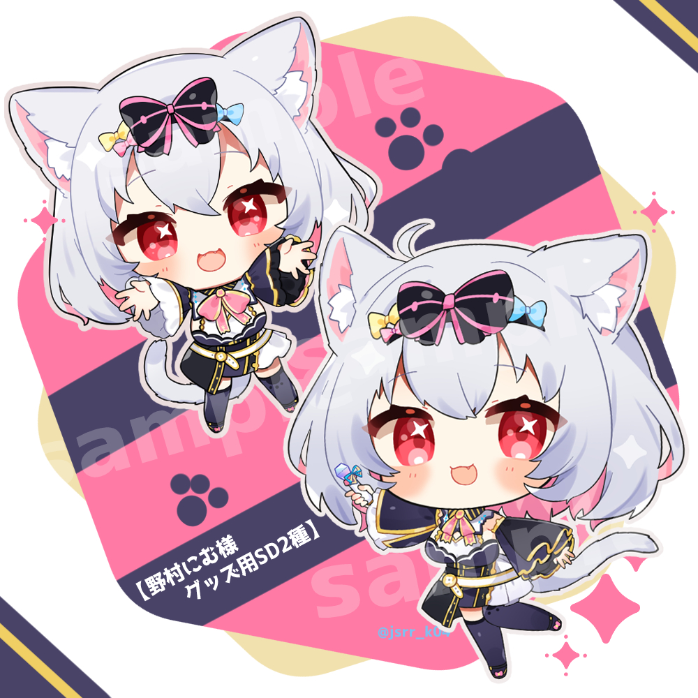 kashiwase karune, indie virtual youtuber, commentary request, 1girl, :3, :d, animal ear fluff, animal ears, black boots, black bow, black dress, black sleeves, blue bow, blush, boots, bow, breasts, cat ears, cat girl, cat tail, chibi, chibi only, colored inner hair, detached sleeves, dress, fang, full body, grey hair, hair bow, long sleeves, looking at viewer, multicolored hair, multiple views, nomura nimu, open mouth, outline, pink hair, red eyes, sample watermark, short hair, sleeveless, sleeveless dress, smile, standing, standing on one leg, tail, thigh boots, twitter username, virtual youtuber, watermark, white outline, yellow bow