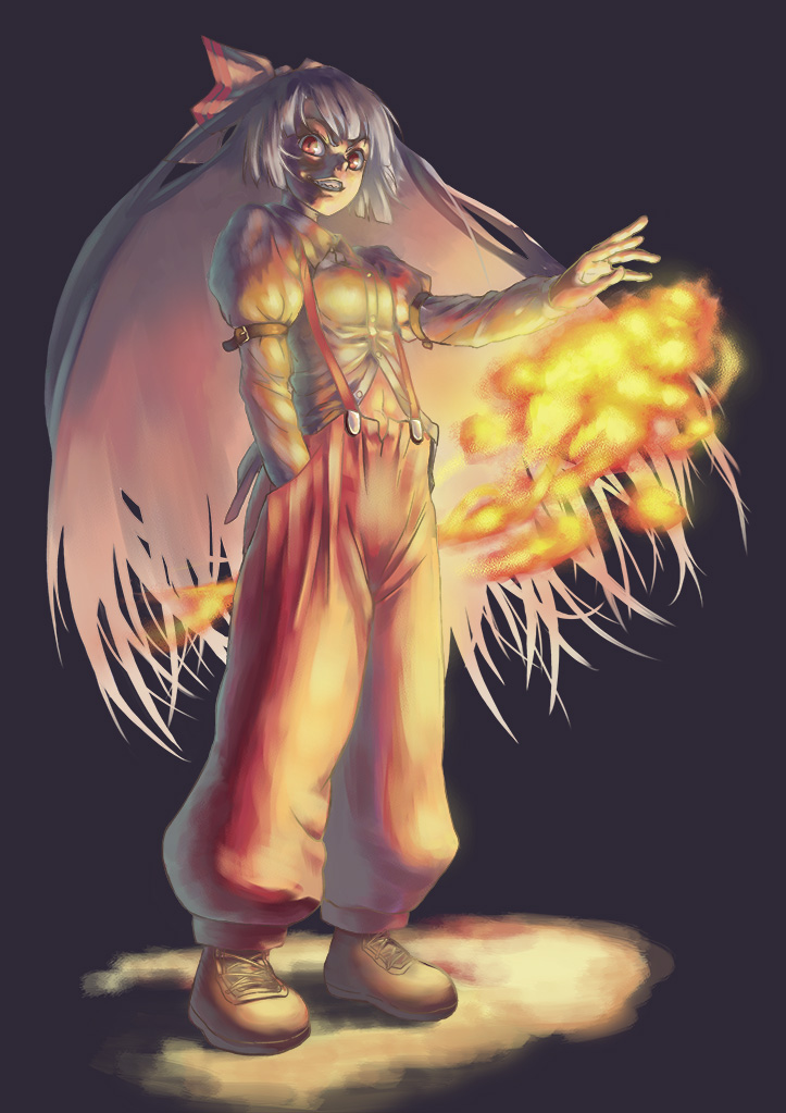 cuboon, fujiwara no mokou, touhou, 1girl, explosion, female focus, fire, long sleeves, pants, shaded face, solo, standing, suspenders