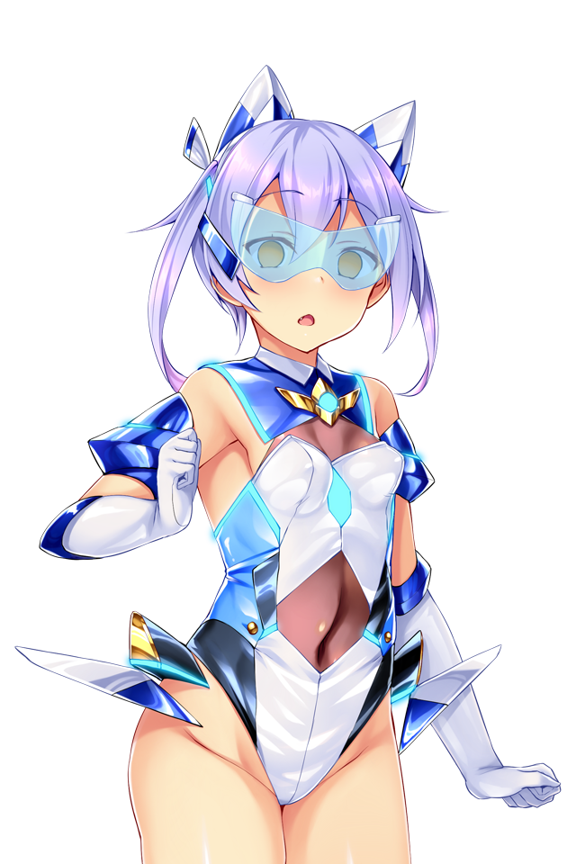 satou kuuki, fujii natsumi (ysphere), ys aqua, soukou seiki ysphere, game cg, large variant set, non-web source, official art, variant set, 1girl, bare shoulders, blush, breasts, chest jewel, chestnut mouth, covered erect nipples, covered navel, cowboy shot, elbow gloves, empty eyes, gloves, headgear, highleg, highleg leotard, leotard, looking at viewer, magical girl, open mouth, personification, purple hair, short hair, simple background, skin tight, small breasts, solo, standing, thighhighs, tinted eyewear, transparent background, triangle mouth, twintails, white background, white gloves, white leotard